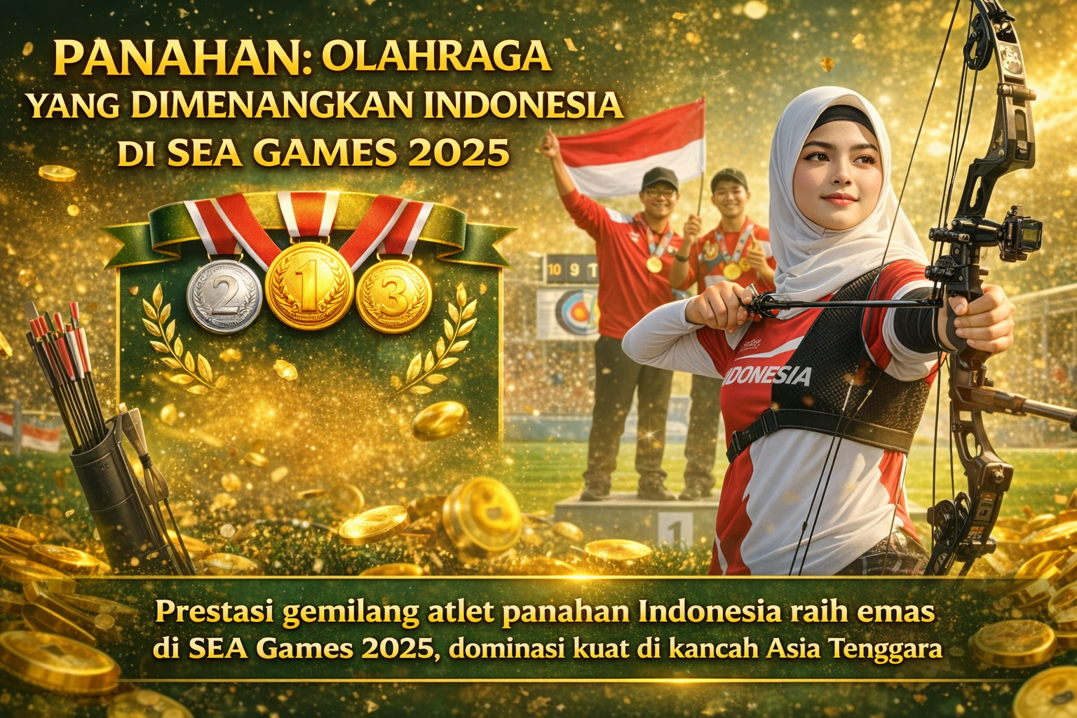 Gambar seorang atlet panahan wanita mengenakan seragam merah putih Indonesia dan hijab, sedang membidik dengan busur panah di lapangan kompetisi. Di latar belakang, dua atlet pria Indonesia berdiri di podium dengan medali emas dan mengibarkan bendera merah putih, menandakan kemenangan Indonesia di SEA Games 2025. Di sisi kiri, terdapat ilustrasi medali emas, perak, dan perunggu dengan latar warna hijau dan dekorasi daun kemenangan, serta koin emas yang berterbangan menambah kesan meriah