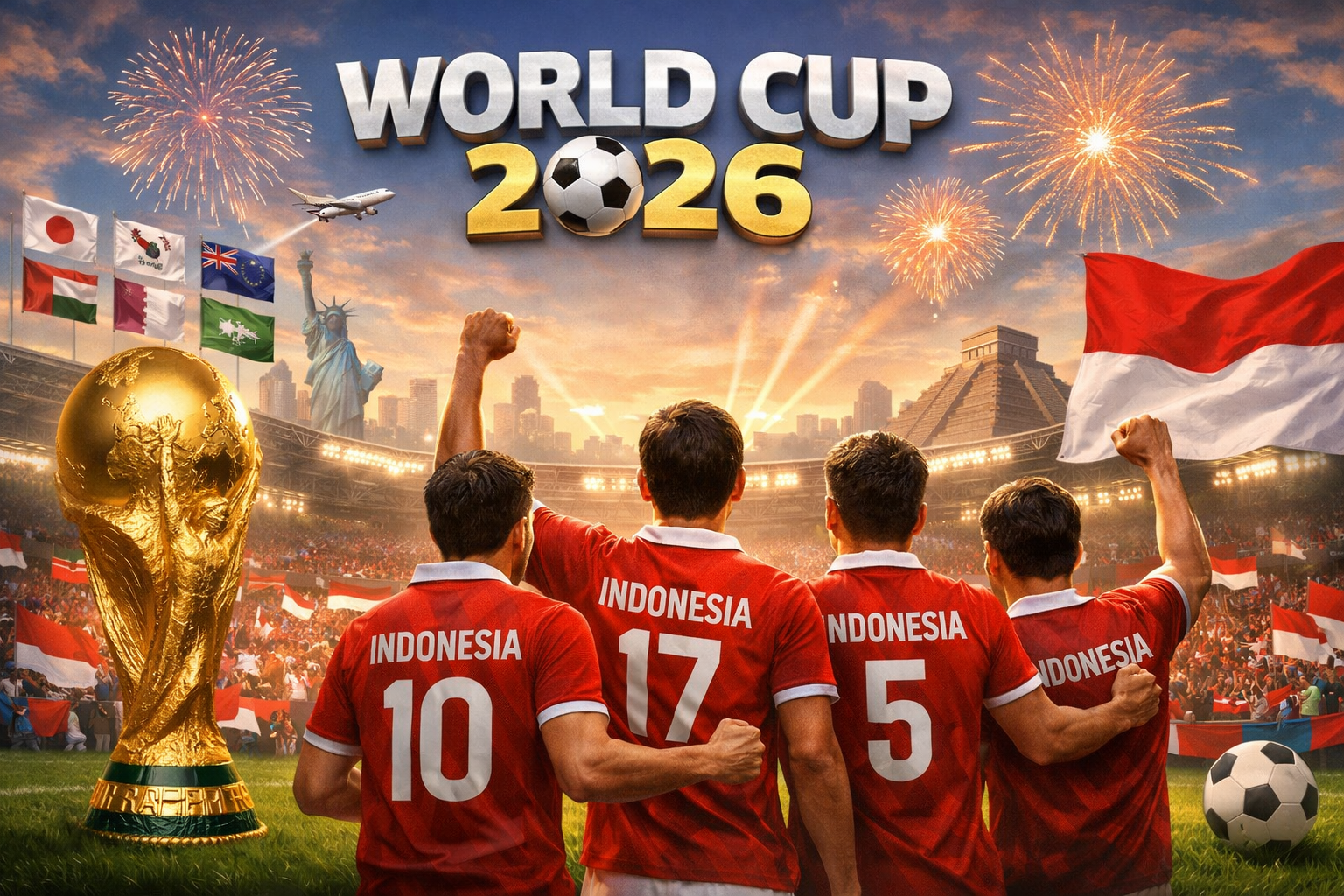 Ilustrasi digital menampilkan empat pemain sepak bola Indonesia mengenakan jersey merah dengan tulisan Peluang"INDONESIA" dan nomor punggung 10, 17, 5, serta seorang pemain tanpa nomor yang mengangkat tangan dengan semangat. Mereka berdiri menghadap kerumunan suporter di stadion besar yang penuh bendera Indonesia. Di sebelah kiri terlihat trofi Piala Dunia FIFA yang berwarna emas. Latar belakang menampilkan kembang api, bendera Indonesia yang berkibar, serta landmark terkenal dari negara tuan rumah Piala Dunia 2026 yaitu Amerika Serikat, Kanada, dan Meksiko, di bawah langit senja yang dramatis.