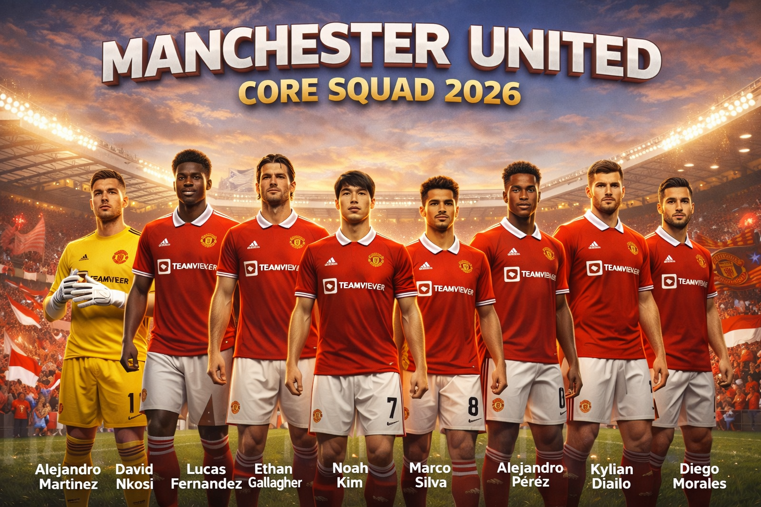 Ilustrasi digital menampilkan sembilan pemain inti Manchester United tahun 2026 berdiri berjajar di stadion Old Trafford. Mereka mengenakan jersey merah khas klub dengan logo sponsor TeamViewer. Nama masing-masing pemain tercantum di bawah gambar, mulai dari kiper Alejandro Martínez di sisi kiri, diikuti bek David Nkosi, Lucas Fernández, Ethan Gallagher, gelandang Noah Kim, Marco Silva, Alejandro Pérez, sayap Kylian Diallo, hingga penyerang Diego Morales di sisi kanan. Latar belakang menampilkan kerumunan suporter dan lampu stadion di bawah langit senja yang cerah.