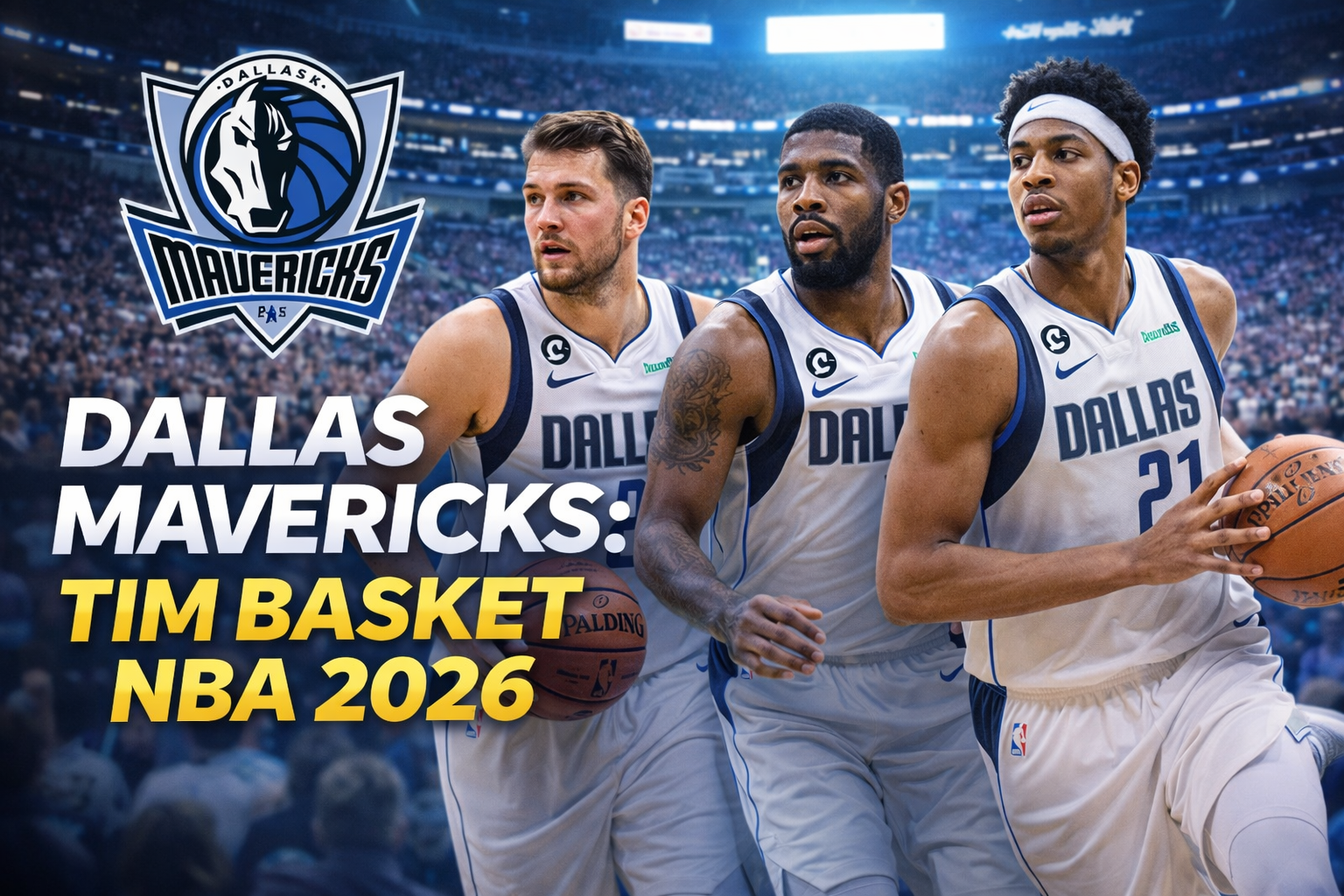 Gambar landscape Dallas Mavericks musim NBA 2026 menampilkan tiga pemain basket mengenakan jersey putih dengan logo Mavericks di latar arena penuh penonton. Teks besar bertuliskan ‘Dallas Mavericks: Tim Basket NBA 2026’ dengan nuansa biru dan kuning yang dinamis