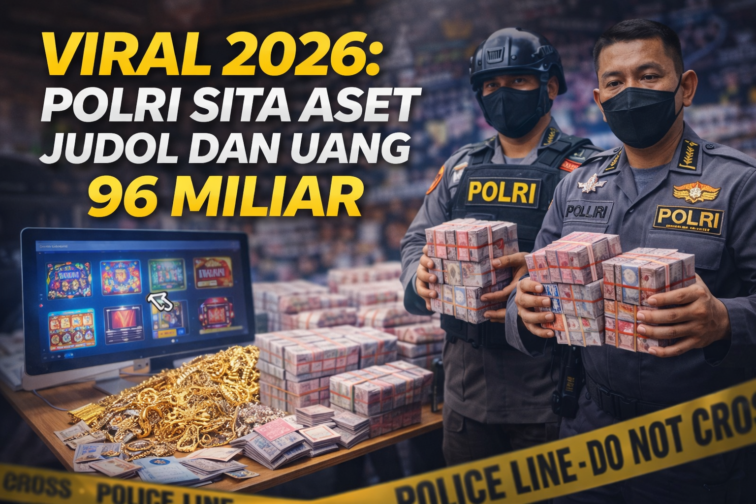 Dua petugas polisi mengenakan seragam dan masker hitam sedang memegang sejumlah besar uang kertas yang diikat menjadi beberapa ikatan tebal. Di sebelah mereka terdapat meja yang penuh dengan tumpukan uang tunai, perhiasan emas, dan dokumen. Latar belakang terlihat seperti ruangan penyitaan dengan banyak tumpukan uang. Terdapat tulisan besar di bagian atas gambar dengan warna kuning dan putih bertuliskan 'VIRAL 2026: POLRI SITA ASET JUDOL DAN UANG 96 MILIAR'. Di bagian bawah gambar terdapat pita polisi berwarna kuning dengan tulisan 'POLICE LINE - DO NOT CROSS