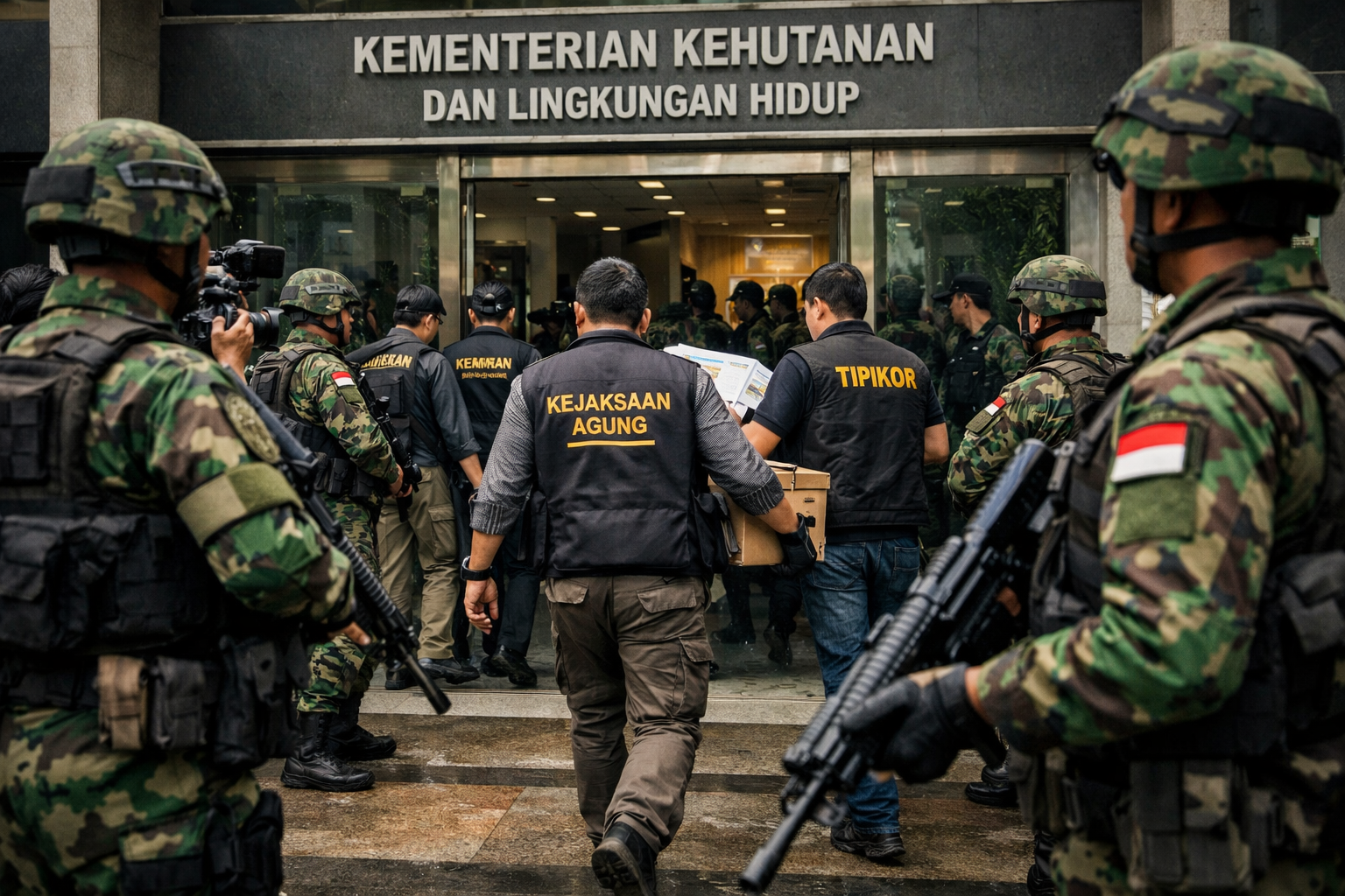 Foto suasana penggeledahan di Kantor Kementerian Kehutanan dan Lingkungan Hidup, memperlihatkan petugas Kejagung yang membawa dokumen dan kotak bukti masuk ke gedung, dengan pengawalan ketat prajurit TNI bersenjata lengkap di kedua sisi pintu masuk