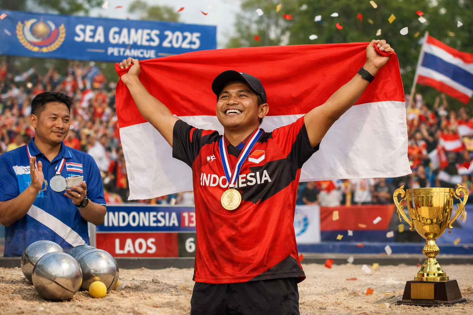 Atlet petanque Indonesia merayakan kemenangan medali emas SEA Games 2025 dengan mengibarkan bendera Merah Putih di lapangan, disaksikan penonton dan papan skor pertandingan