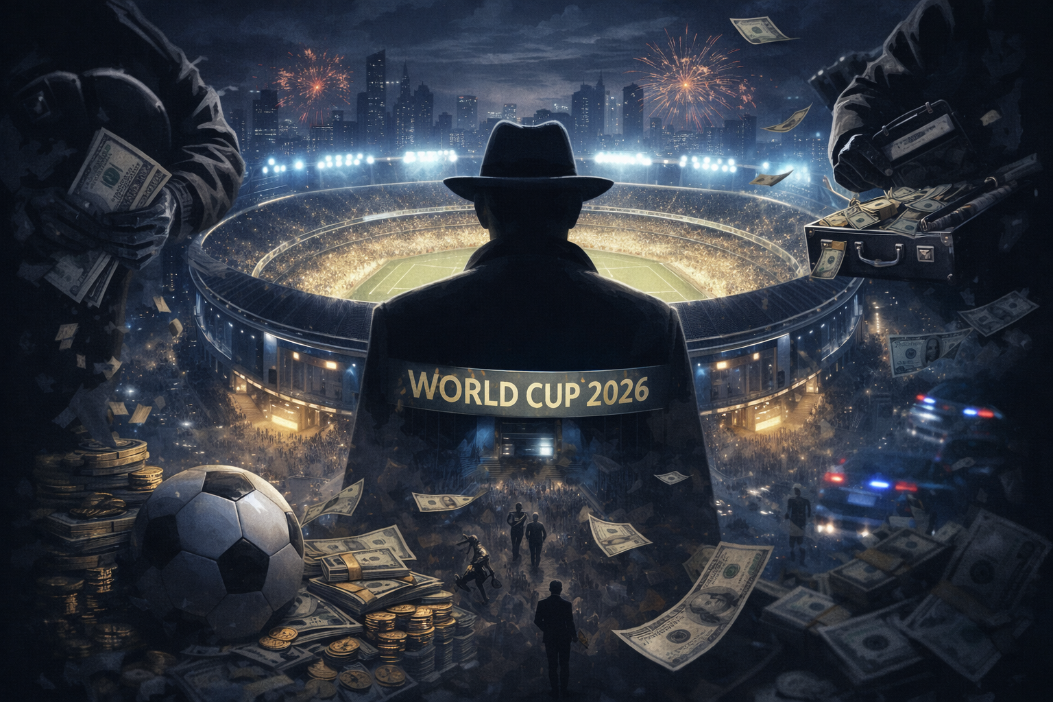 Ilustrasi bayangan mafia dan uang mengelilingi stadion Piala Dunia 2026, menggambarkan praktik kepentingan tersembunyi, korupsi, dan bisnis besar di balik turnamen sepak bola dunia.