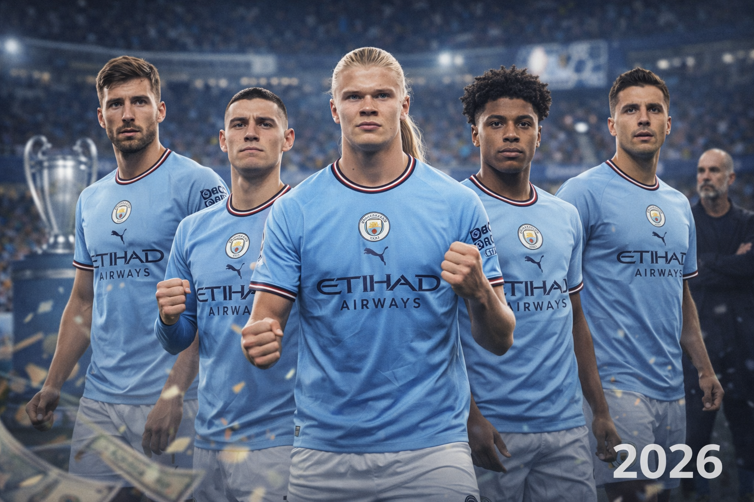 Lima pemain inti Manchester City 2026 berdiri di lapangan Etihad Stadium mengenakan jersey biru langit, dari kiri: Rúben Dias, Phil Foden, Erling Haaland, pemain muda tak dikenal, dan Rodri, dengan Pep Guardiola mengamati di latar belakang, menampilkan fokus dan kesiapan menghadapi pertandingan besar.