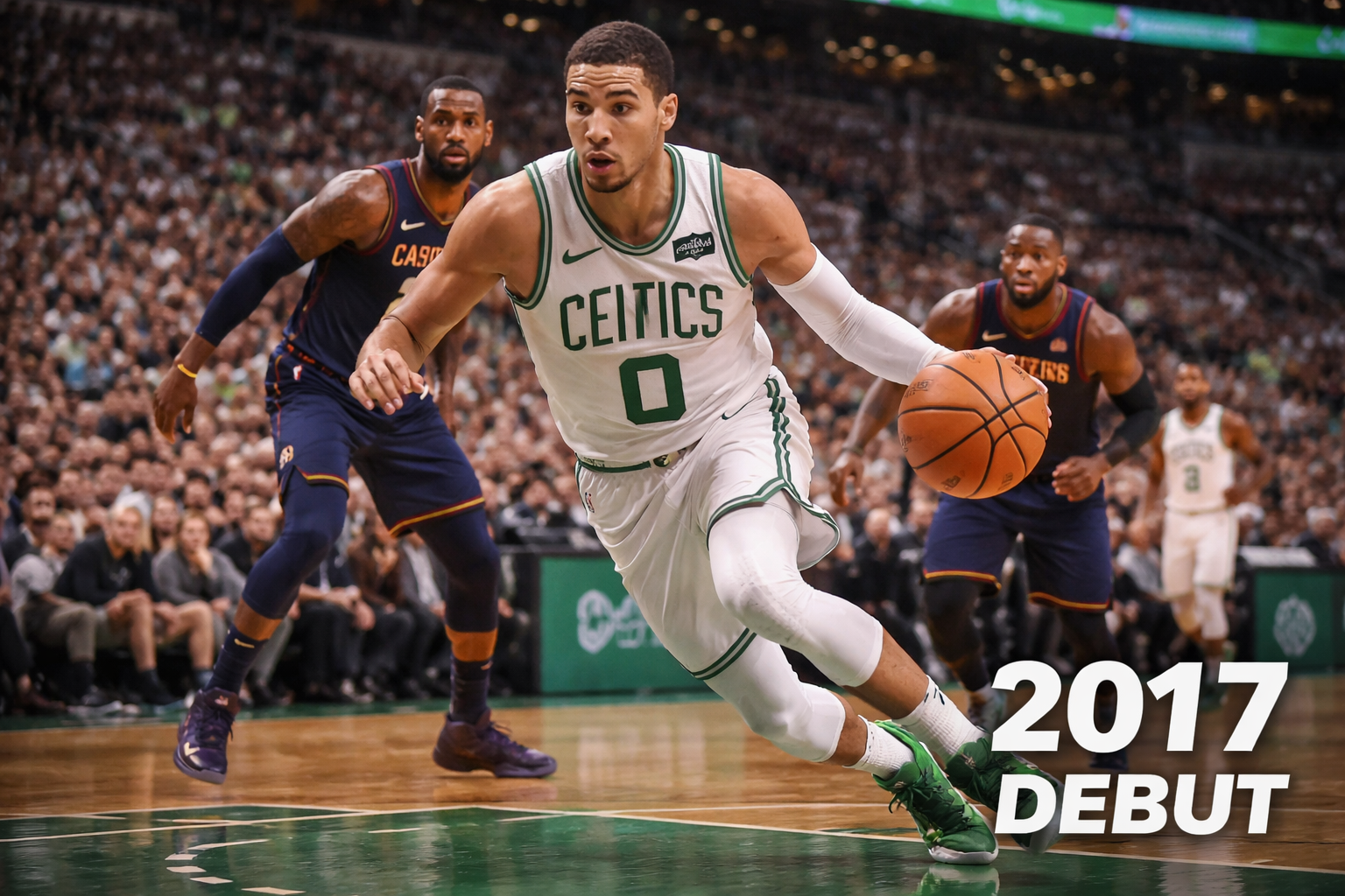 Jayson Tatum melakukan drive ke ring saat debut NBA 2017 dengan Boston Celtics di TD Garden, menghadapi pertahanan LeBron James dan Jae Crowder, menampilkan fokus, determinasi, dan energi arena yang penuh penonton.