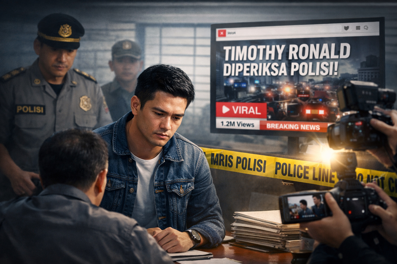 Ilustrasi lanskap suasana pemeriksaan polisi terhadap Timothy Ronald dengan latar garis polisi dan layar berita bertuliskan viral, menggambarkan sorotan publik di media sosial