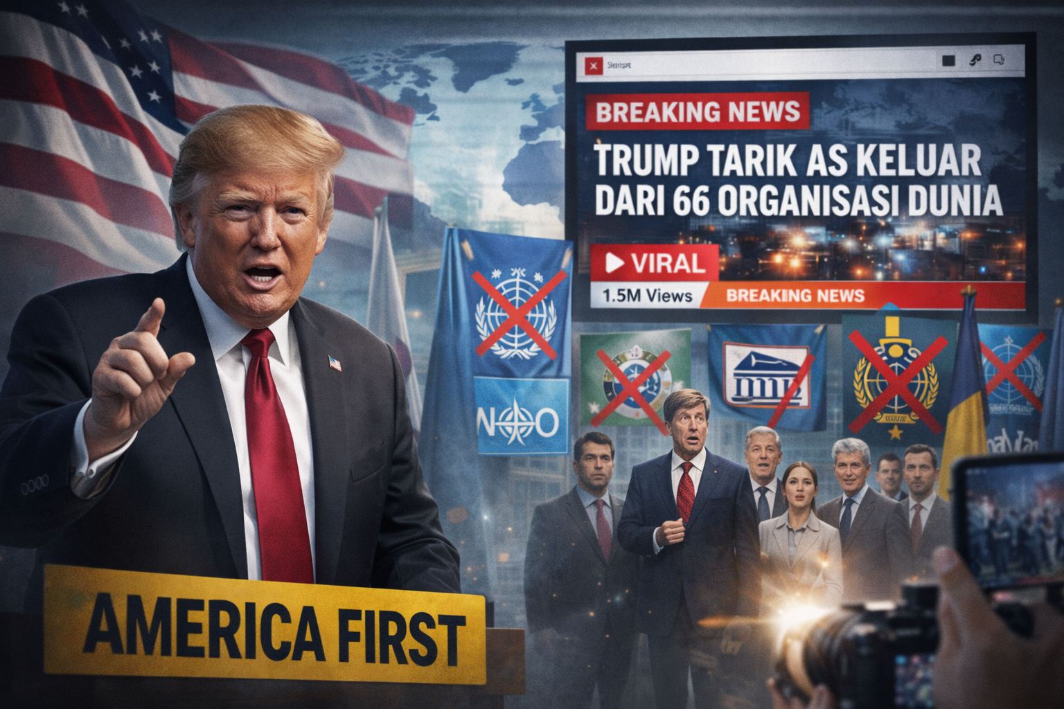 Ilustrasi lanskap Donald Trump menyampaikan pernyataan dengan latar bendera Amerika Serikat dan simbol organisasi dunia yang dicoret, menggambarkan isu viral penarikan AS dari organisasi internasional