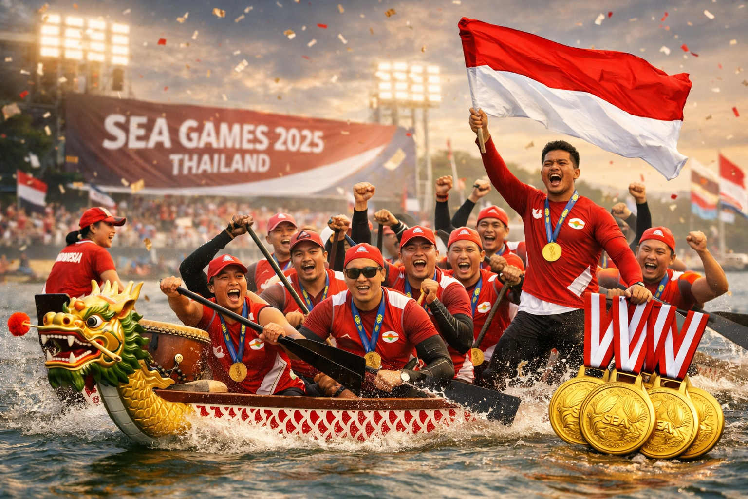 Tim perahu naga Indonesia merayakan kemenangan dengan mengibarkan bendera Merah Putih di atas perahu naga, mengenakan medali emas SEA Games 2025, dengan latar spanduk SEA Games Thailand dan sorak penonton.
