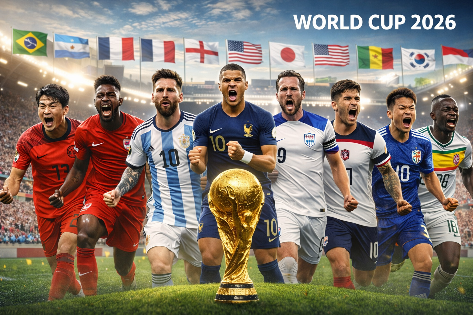 Deretan pemain sepak bola dari berbagai negara seperti Brasil, Argentina, Prancis, Inggris, Amerika Serikat, Jepang, dan Senegal berlari penuh semangat menuju trofi Piala Dunia 2026 di stadion dengan latar bendera kekuatan negara peserta.