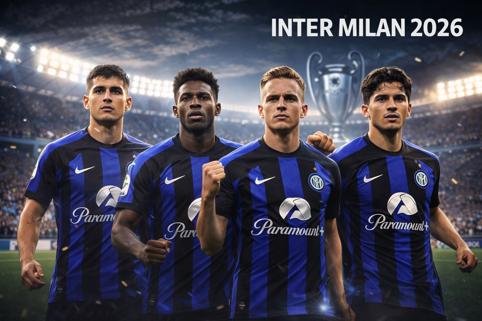 Empat pemain inti baru Inter Milan 2026 berdiri di lapangan stadion, mengenakan seragam biru-hitam, menunjukkan ekspresi fokus dan semangat juang, dengan trofi UEFA Champions League samar di latar belakang dan kerumunan penonton bersorak.
