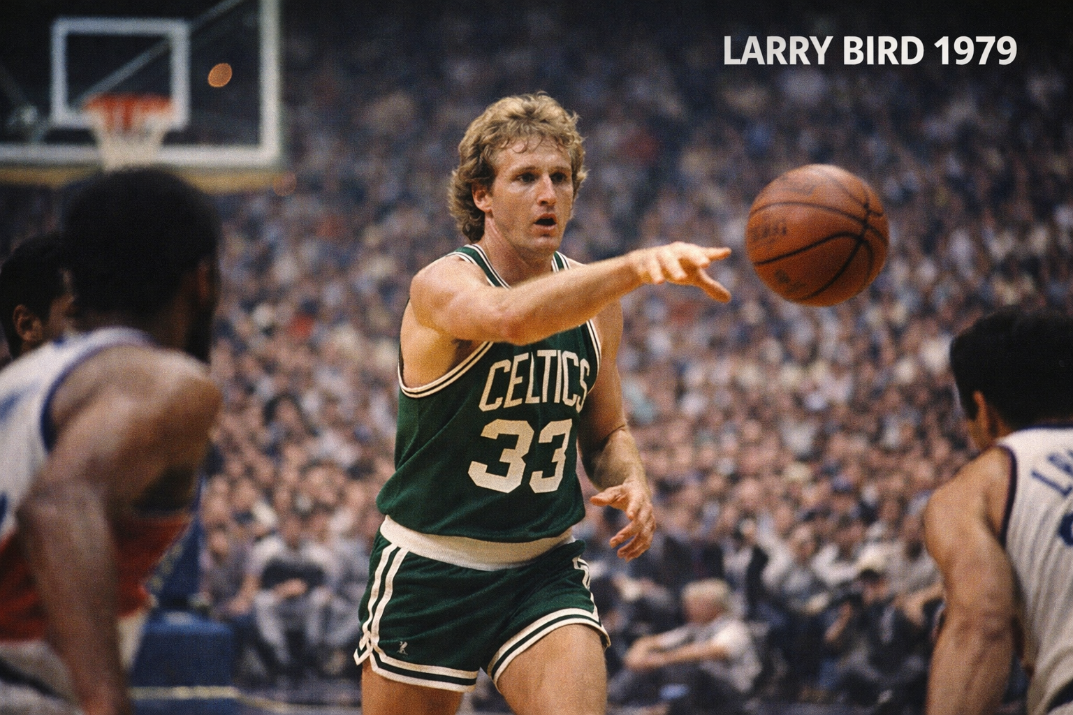 Larry Bird dari Boston Celtics melakukan passing saat pertandingan NBA tahun 1979, mengenakan seragam hijau dengan nomor 33, dengan fokus tinggi dan kerumunan penonton di tribun belakang.