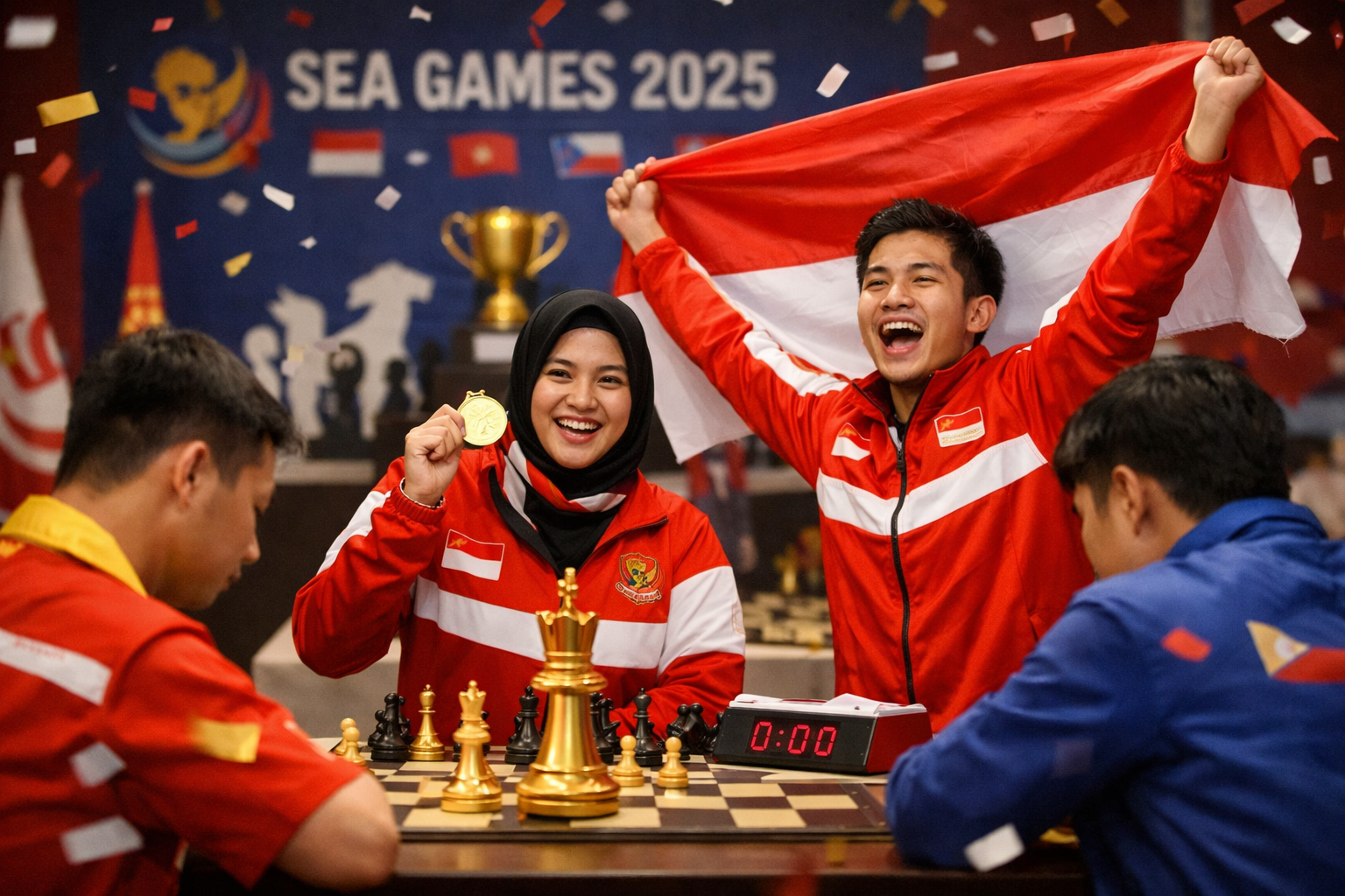 Pecatur Indonesia merayakan kemenangan medali emas SEA Games 2025 dengan mengangkat bendera Merah Putih di depan papan catur dan bidak emas, suasana penuh konfeti dan semangat juara.