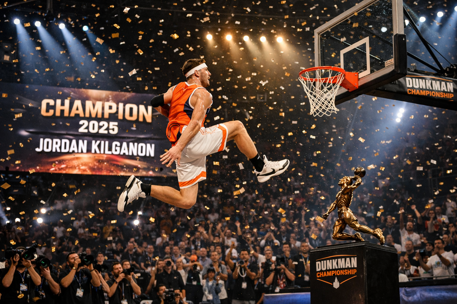 Jordan Kilganon melakukan dunk spektakuler di udara saat memenangkan Dunkman Championship Desember 2025, dengan latar sorak penonton, lampu arena, dan trofi juara di sisi lapangan.