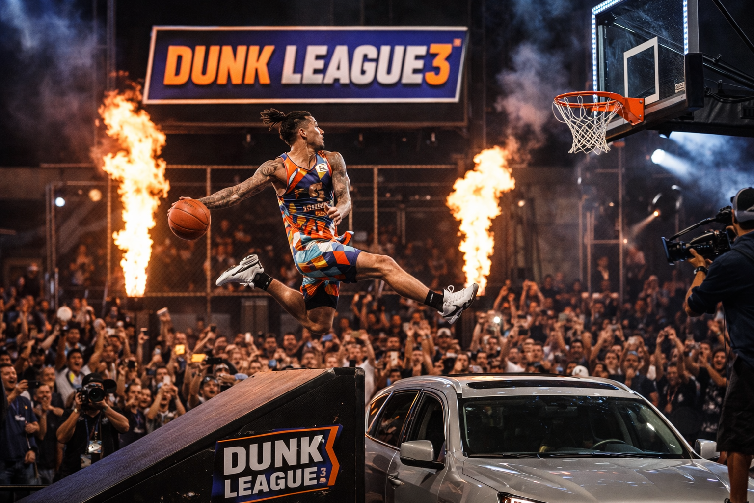 Seorang dunker melakukan aksi slam dunk spektakuler pada ajang Dunk League 3 tahun 2021, melompat tinggi dengan latar penonton, efek api panggung, dan ring basket di arena kompetisi.