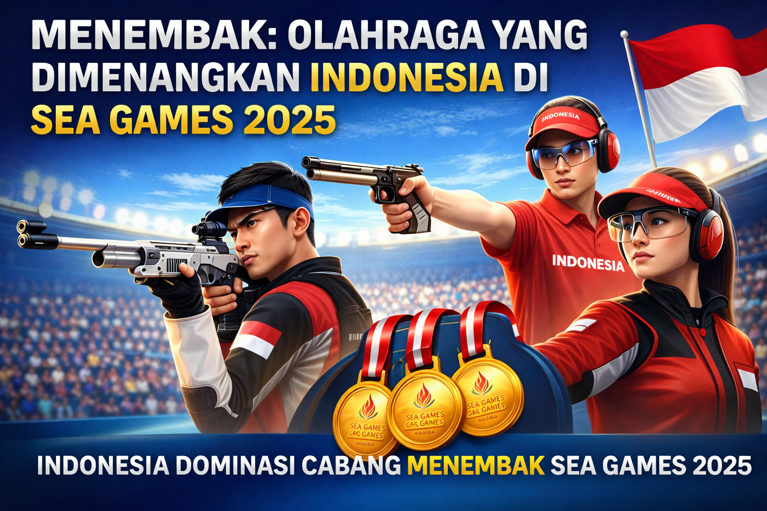 Ilustrasi atlet menembak Indonesia beraksi di SEA Games 2025 dengan pistol dan senapan, menampilkan bendera Merah Putih serta medali emas sebagai simbol kemenangan Indonesia di cabang olahraga menembak.