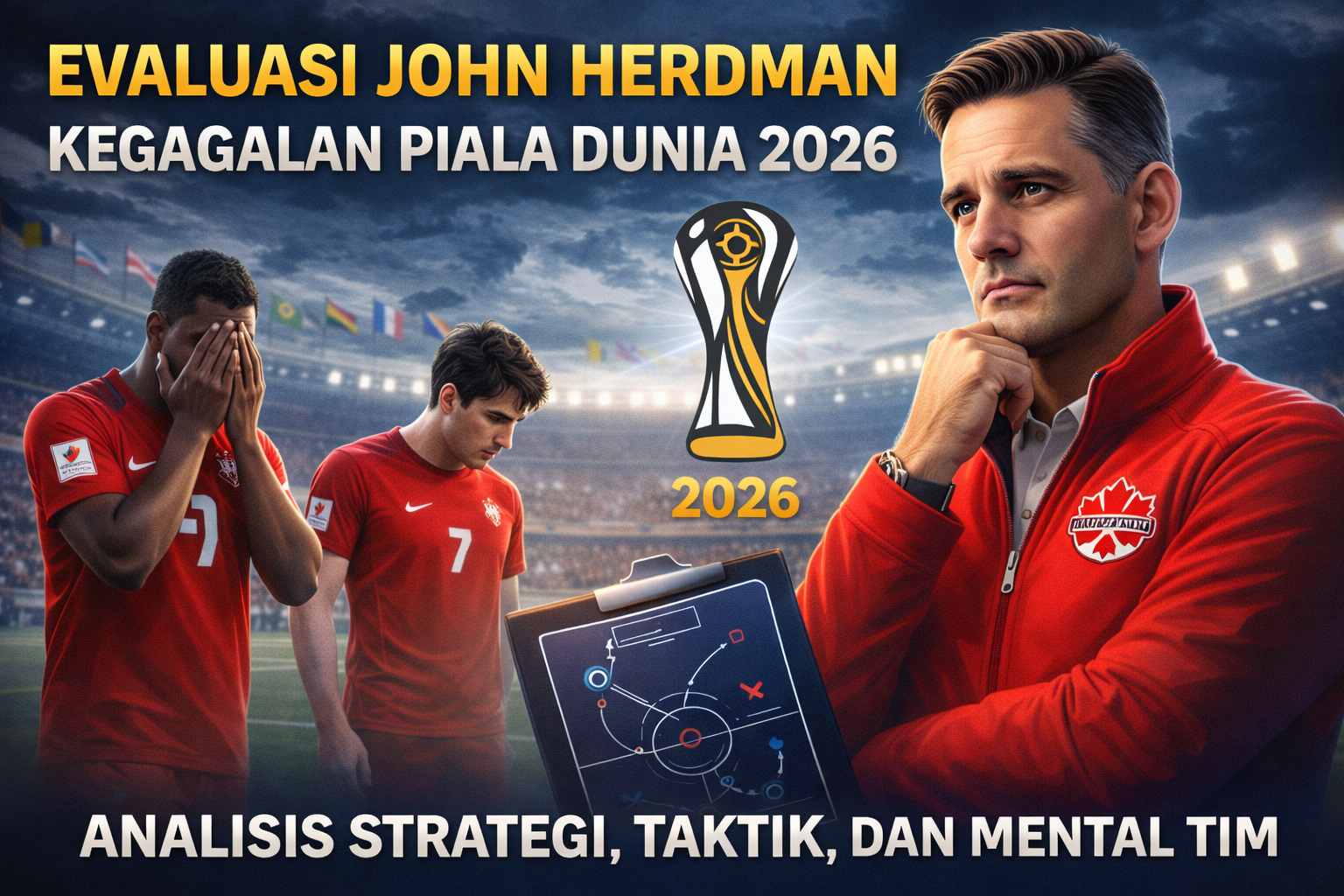 Ilustrasi John Herdman merenung di stadion usai kegagalan Piala Dunia 2026, dengan pemain tim nasional terlihat kecewa dan papan taktik sebagai simbol evaluasi strategi.