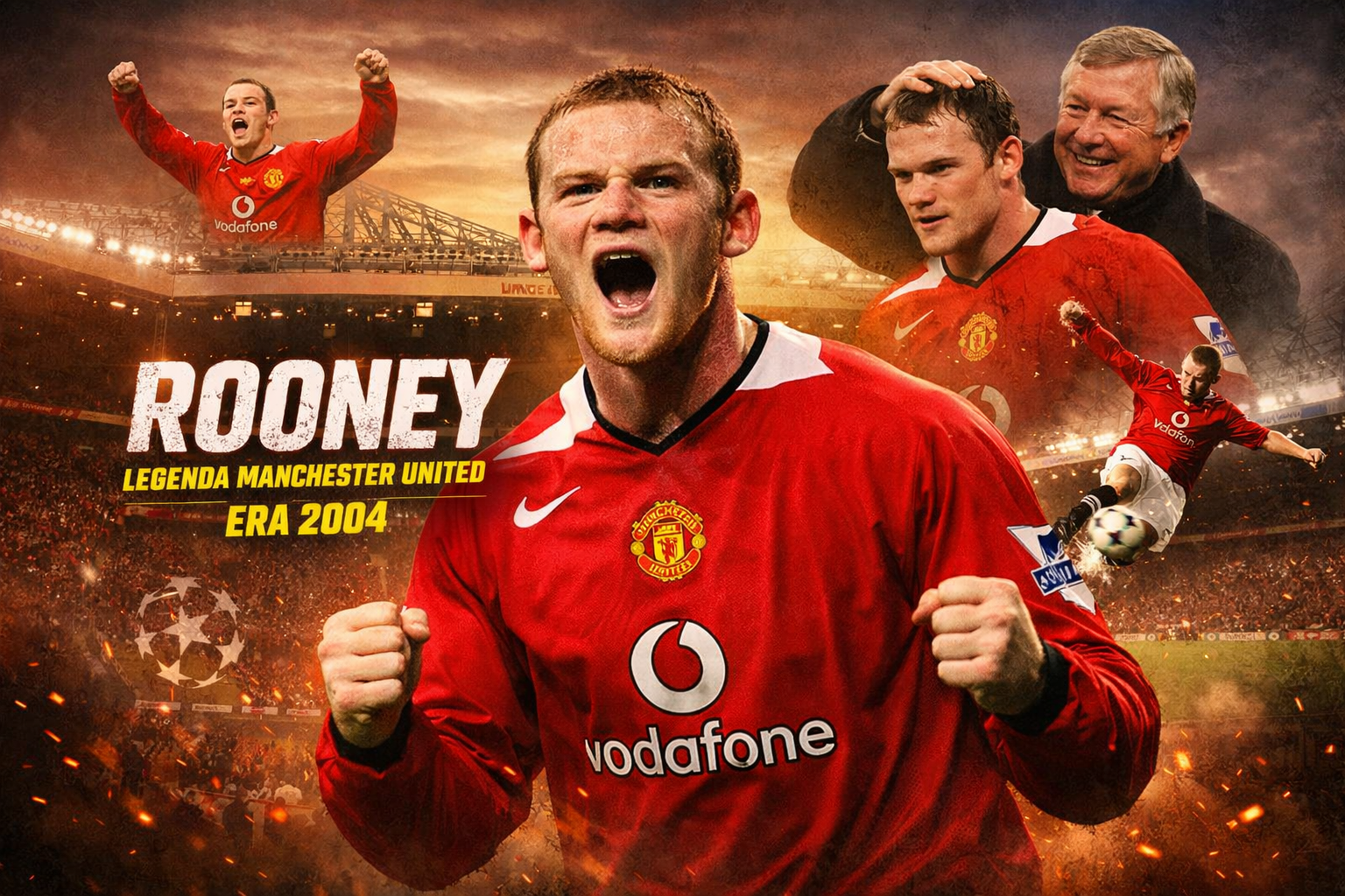 Kolase Wayne Rooney di era Manchester United 2004, menampilkan aksi menendang bola, selebrasi gol, dan bersama Sir Alex Ferguson di stadion penuh penonton