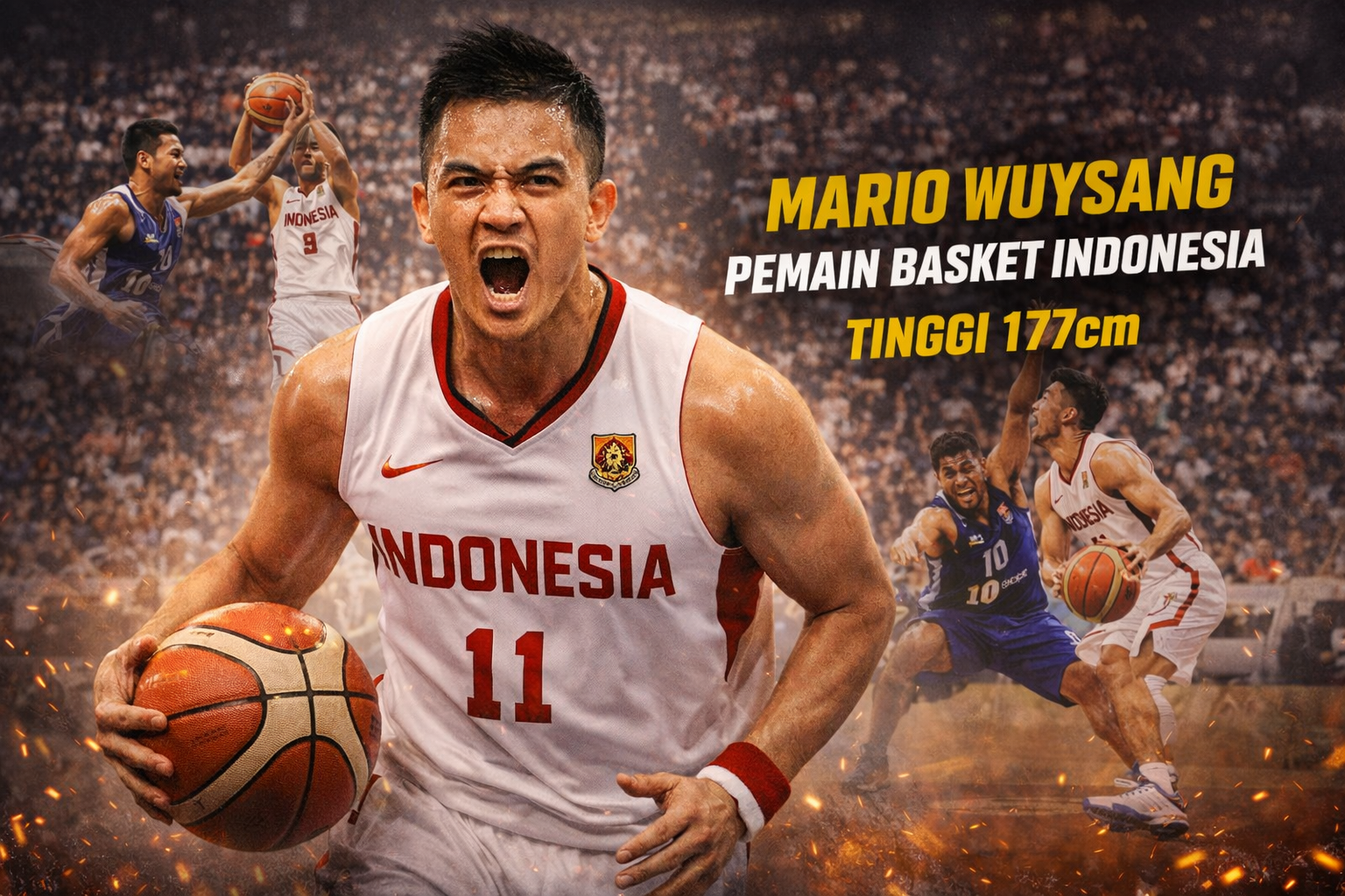Mario Wuysang, pemain basket Indonesia 177 cm, sedang dribble dan menembak di lapangan, mengenakan jersey tim nasional, dengan tribun penonton penuh di belakang