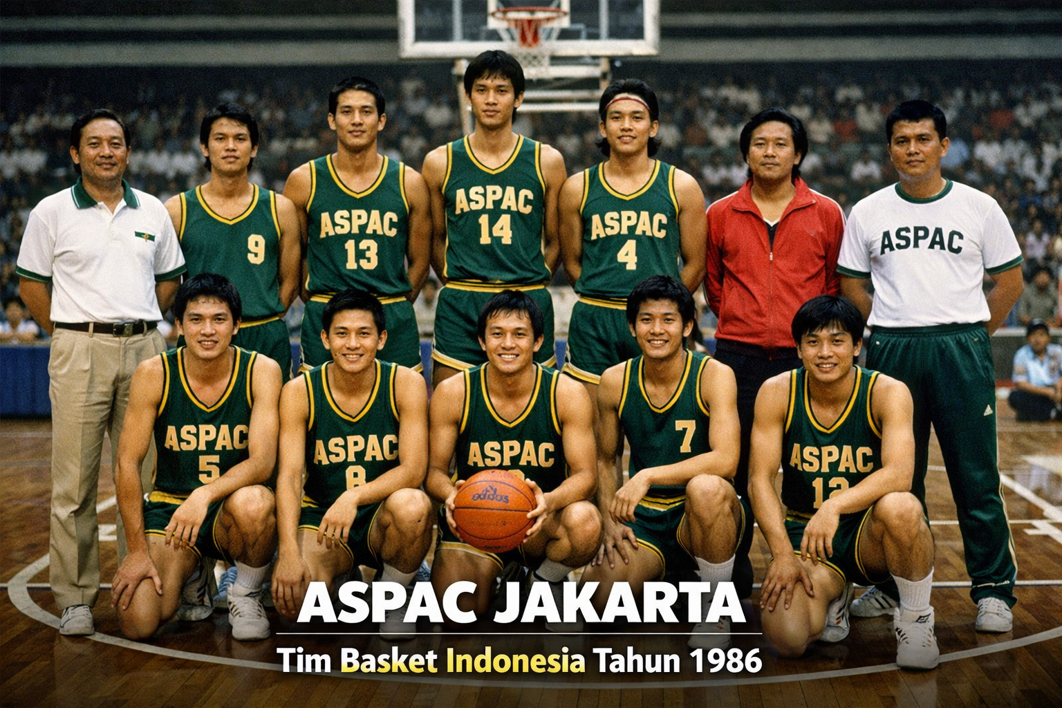Foto tim Aspac Jakarta tahun 1986 berformat landscape, menampilkan para pemain dan pelatih berpose di lapangan basket indoor dengan seragam hijau khas Aspac, sebagai salah satu tim basket legendaris Indonesia.