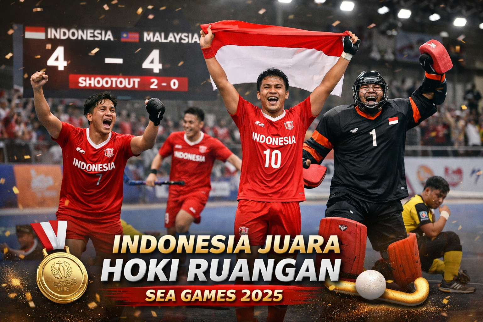 Tim hoki ruangan Indonesia merayakan kemenangan dan medali emas SEA Games 2025 di arena indoor setelah mengalahkan Malaysia lewat adu penalti.