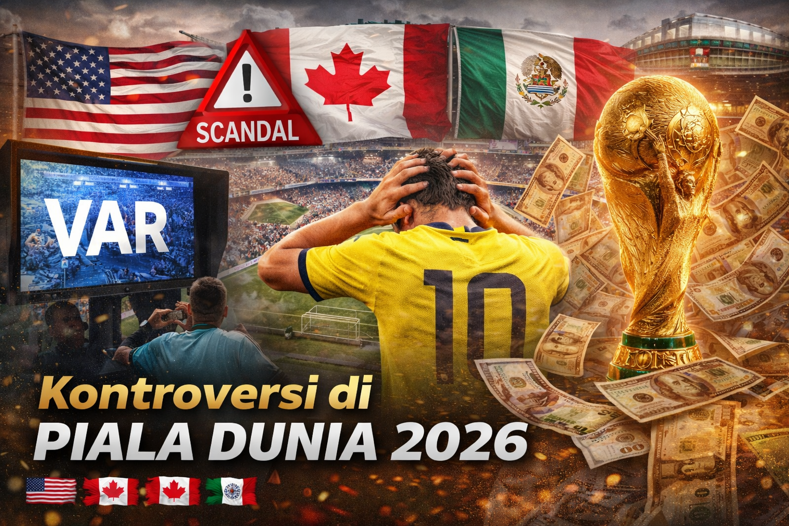 Ilustrasi kontroversi Piala Dunia 2026 menampilkan pemain frustrasi, VAR di layar, trofi Piala Dunia, uang mengambang, dan bendera AS, Kanada, Meksiko, dengan kata 'SCANDAL' di stadion penuh penonton.