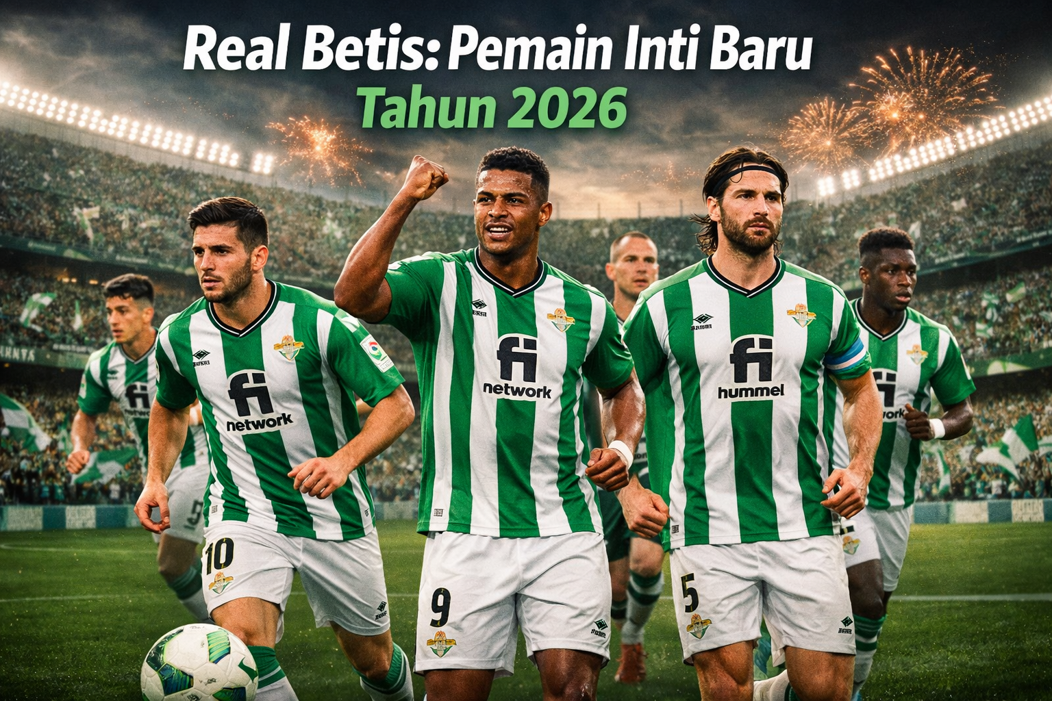 Pemain inti baru Real Betis tahun 2026 berpose di Stadion Benito Villamarín dengan seragam hijau-putih, menampilkan semangat dan kekompakan tim.