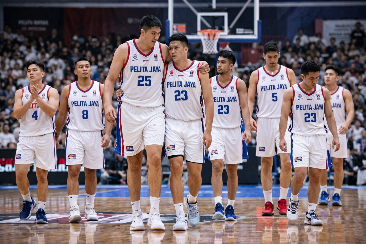 Tim basket Pelita Jaya berjalan bersama di lapangan, mengenakan seragam putih biru, suasana pertandingan kompetitif dengan tribun penonton di belakang