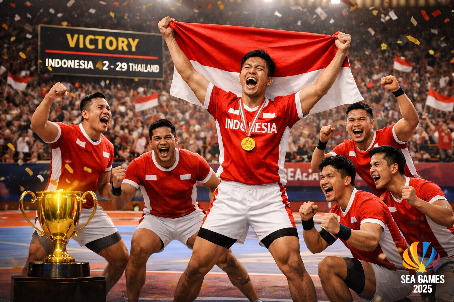 Tim kabaddi Indonesia merayakan kemenangan dan medali emas SEA Games 2025 sambil mengibarkan bendera Merah Putih di arena pertandingan.