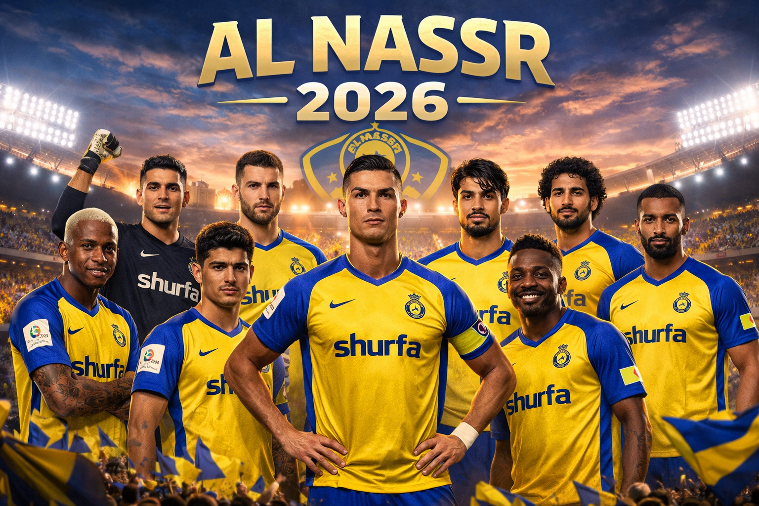 Ilustrasi digital para pemain inti Al Nassr tahun 2026 berpose percaya diri di stadion yang dipenuhi sorotan lampu dan penonton. Cristiano Ronaldo berdiri di tengah dengan jersey kuning-biru, dikelilingi rekan setimnya yang juga mengenakan seragam klub, latar belakang langit senja yang dramatis dan suasana penuh semangat