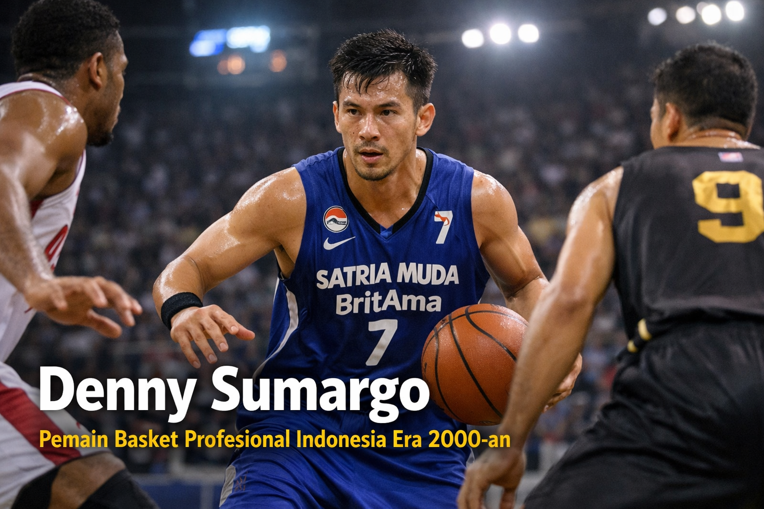 Denny Sumargo sedang menggiring bola dalam pertandingan basket, mengenakan jersey biru Satria Muda di arena indoor dengan suasana pertandingan yang intens