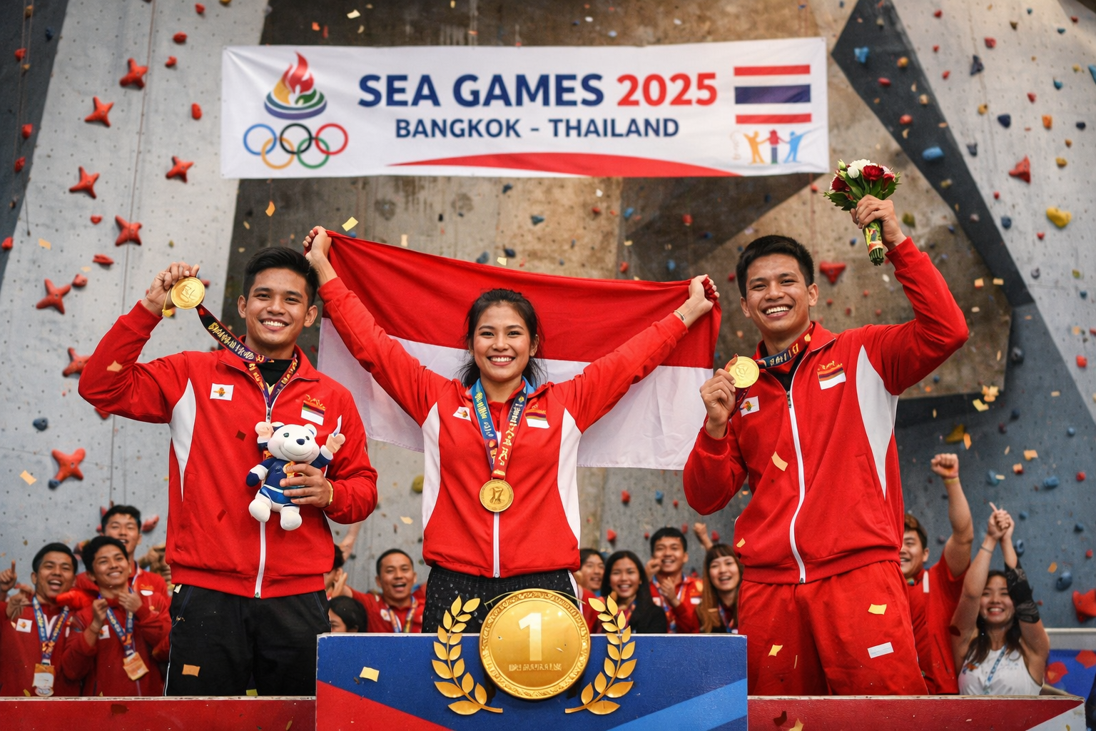 Atlet panjat tebing Indonesia merayakan medali emas SEA Games 2025 dengan mengibarkan bendera Merah Putih di arena panjat tebing.