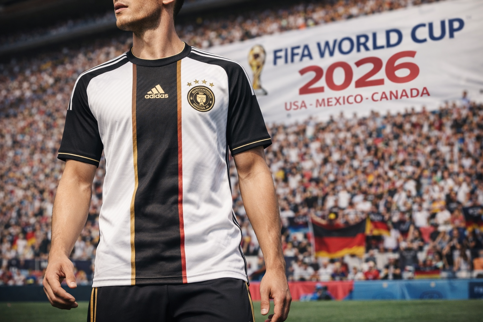 Pemain sepak bola mengenakan jersey Timnas Jerman putih dengan aksen hitam, emas, dan merah di Piala Dunia 2026, dengan stadion penuh penonton di latar belakang