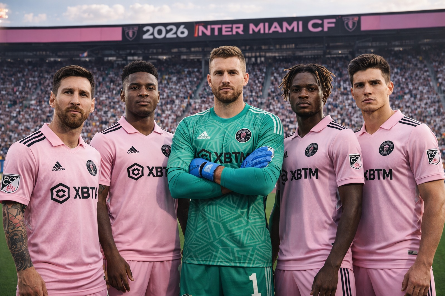 Lima pemain inti Inter Miami berdiri di lapangan stadion 2026, mengenakan jersey pink dengan sponsor XBTM, siap menghadapi pertandingan MLS