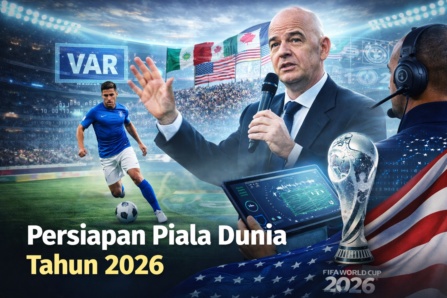 Ilustrasi persiapan Piala Dunia 2026 menampilkan pemain sepak bola, ofisial FIFA, teknologi VAR, stadion megah, dan bendera negara tuan rumah