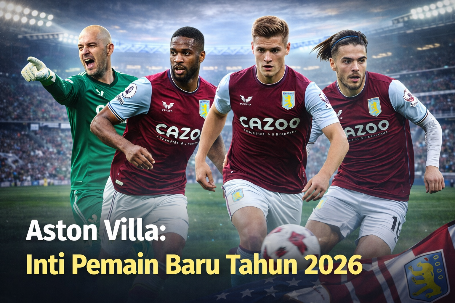 Empat pemain inti baru Aston Villa tahun 2026 sedang beraksi di lapangan stadion penuh penonton. Mereka mengenakan jersey warna merah marun dengan lengan biru muda dan sponsor Cazoo. Tulisan 'Aston Villa: Inti Pemain Baru Tahun 2026' terlihat di bagian bawah gambar dengan latar suasana pertandingan malam hari