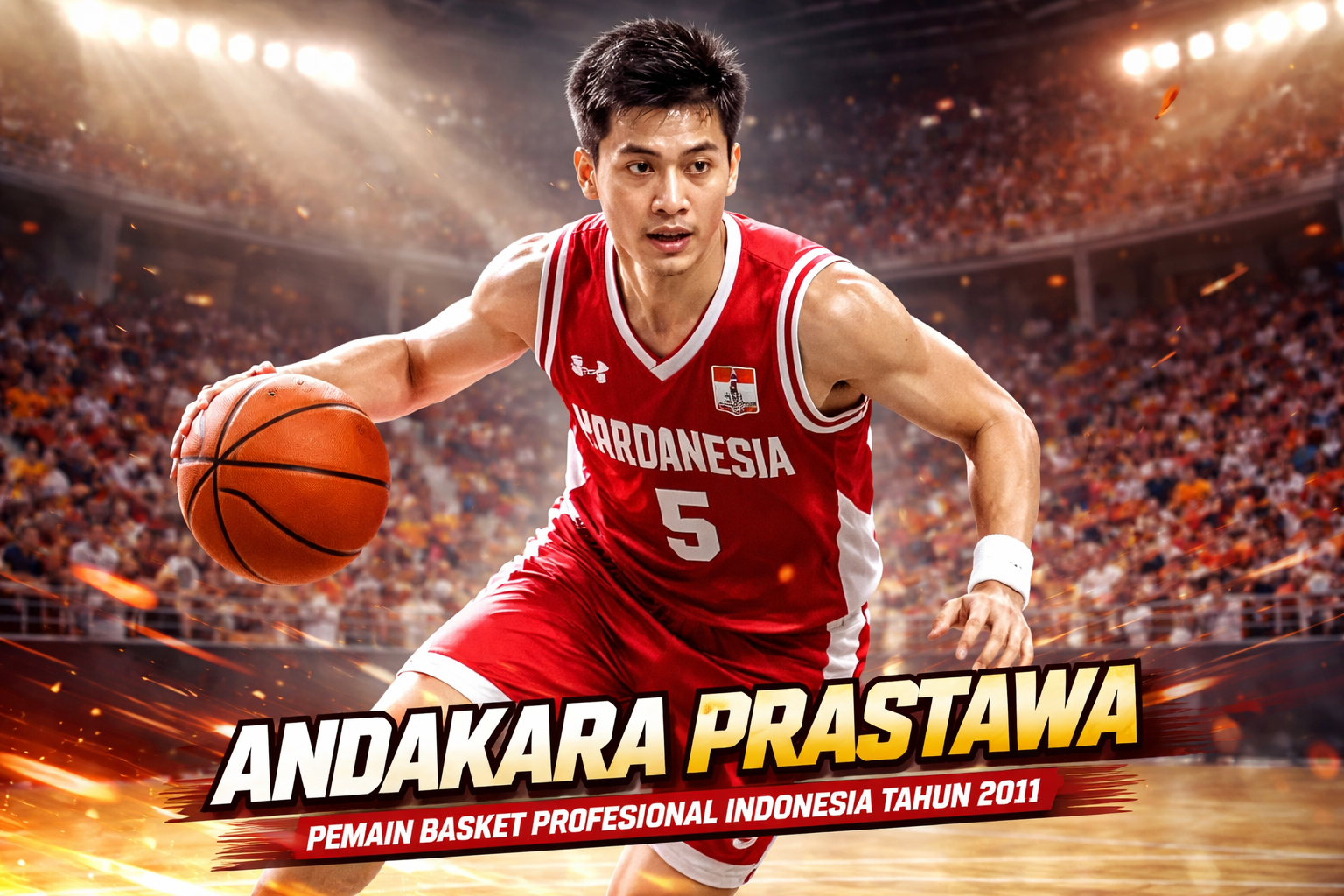Andakara Prastawa sedang menggiring bola di lapangan basket indoor, mengenakan jersey merah tim nasional Indonesia nomor 5, dengan latar stadion penuh penonton pada tahun 2011.