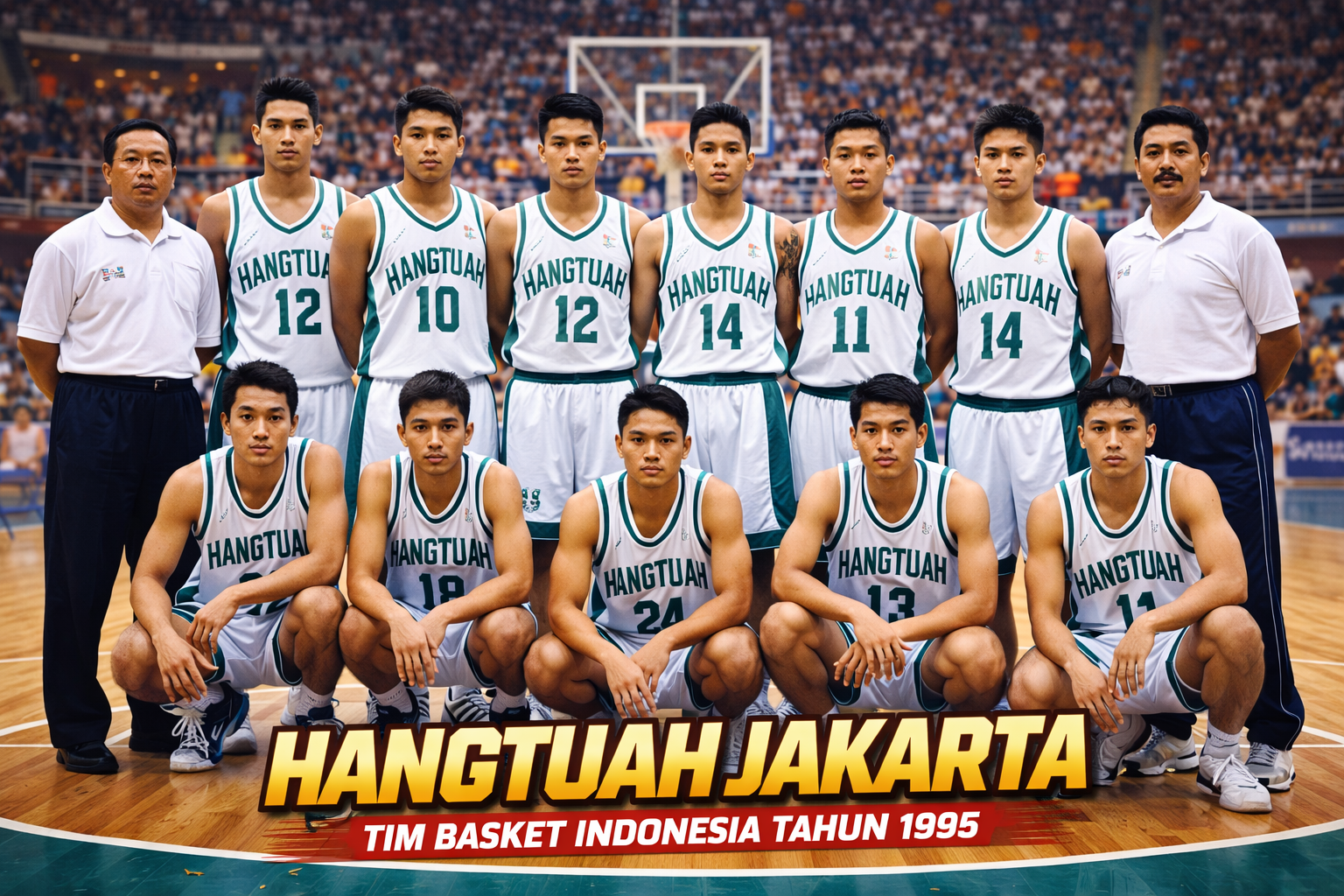Tim basket Hangtuah Jakarta berpose bersama di lapangan indoor mengenakan jersey putih-hijau dengan latar penonton, merepresentasikan tim basket Indonesia tahun 1995.