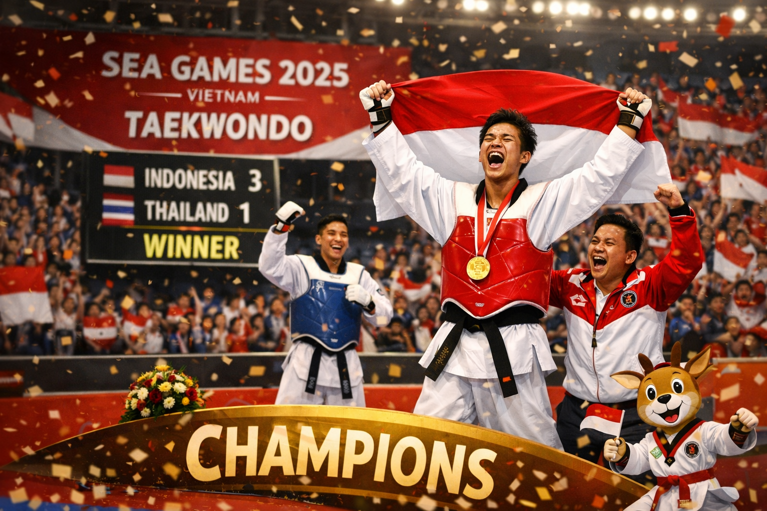 Atlet taekwondo Indonesia merayakan kemenangan emas di SEA Games 2025 dengan mengangkat bendera Merah Putih di arena pertandingan, disertai medali emas dan sorak penonton.
