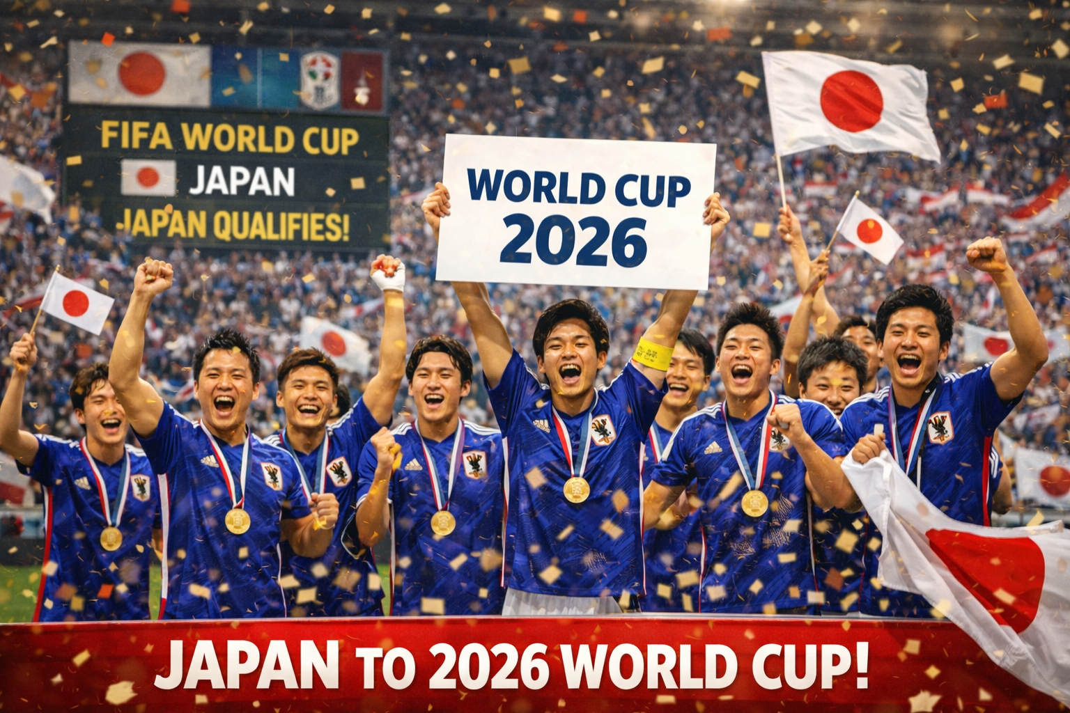 Tim nasional Jepang merayakan kelolosan ke Piala Dunia 2026 dengan mengangkat papan World Cup 2026 di stadion penuh suporter dan bendera Jepang. Jika ingin versi lebih singkat untuk SEO atau lebih detail, saya siap menyesuaikan.