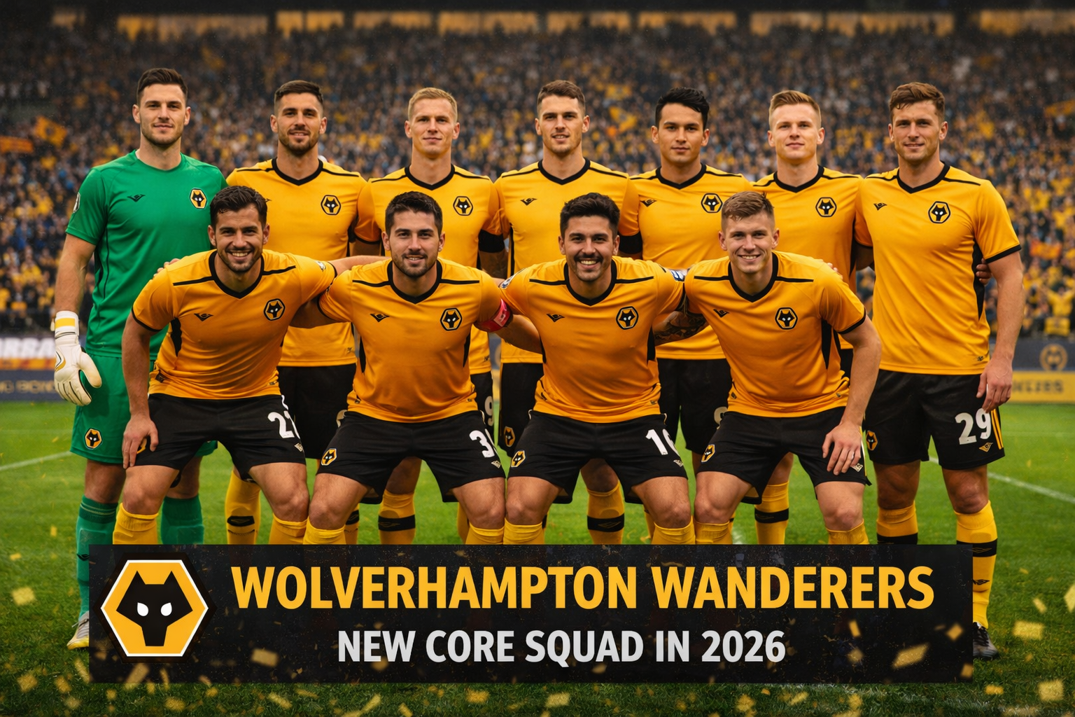 Tim inti Wolverhampton Wanderers 2026 berpose di lapangan sepak bola mengenakan jersey kuning-hitam, dengan kiper di hijau, latar stadion penuh suporter, dan teks "New Core Squad in 2026".
