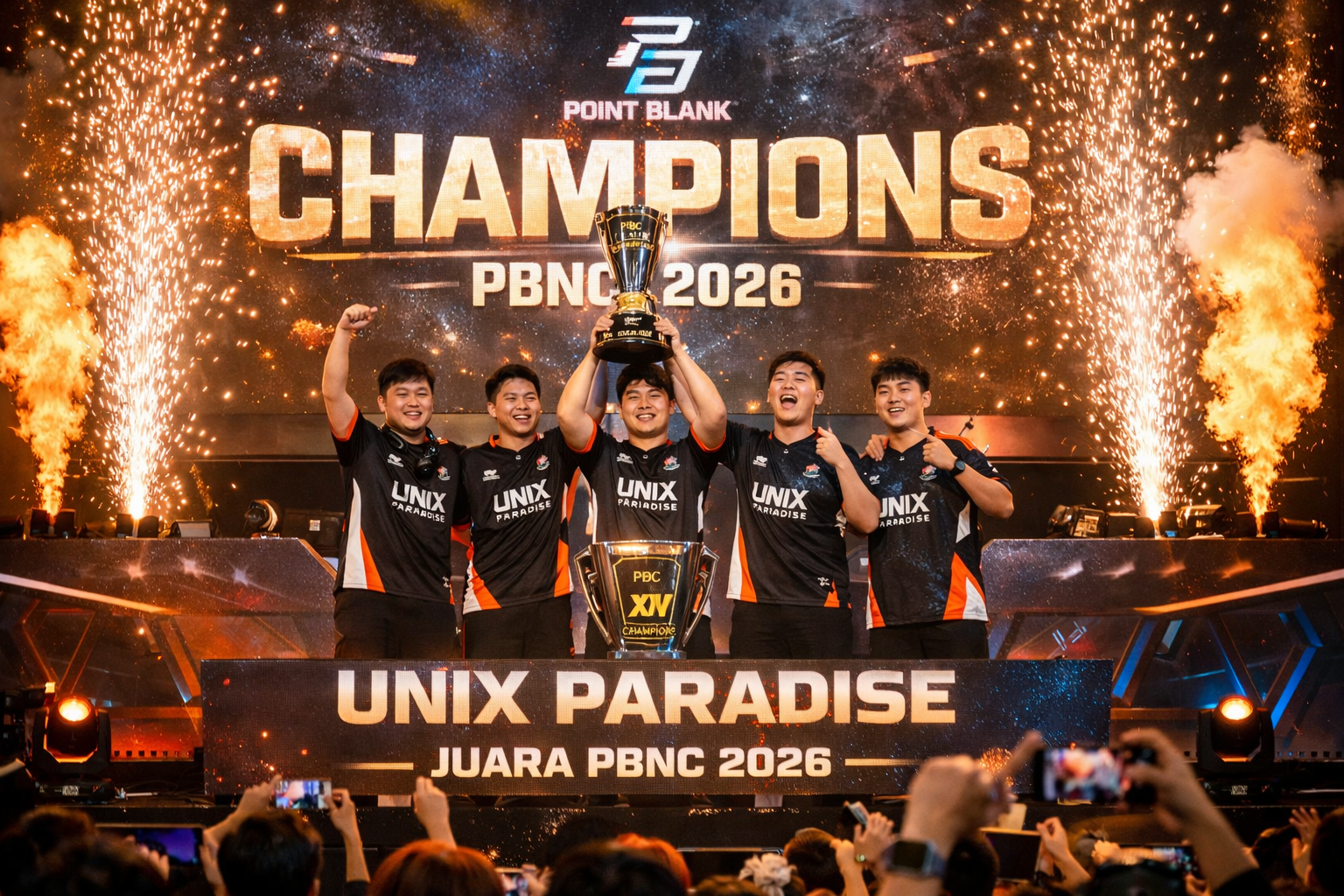 Tim Unix Paradise merayakan kemenangan PBNC 2026 di atas panggung dengan mengangkat trofi juara, disertai efek kembang api dan sorotan lampu, tampilan landscape.