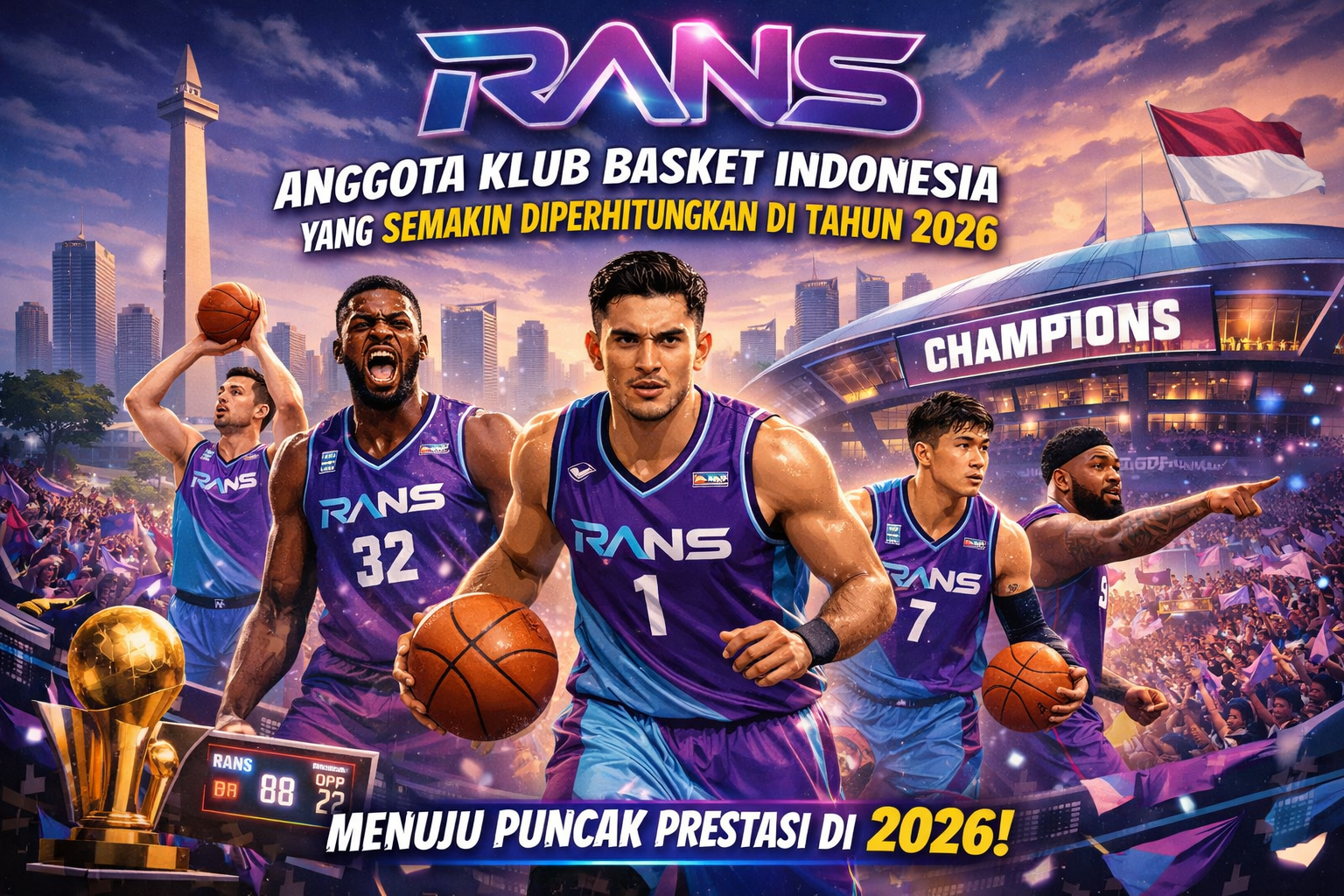 Ilustrasi landscape tim basket RANS Indonesia tampil dominan di arena modern dengan latar stadion penuh penonton, mengenakan jersey ungu-biru, melambangkan klub yang semakin diperhitungkan menuju puncak prestasi pada tahun 2026.