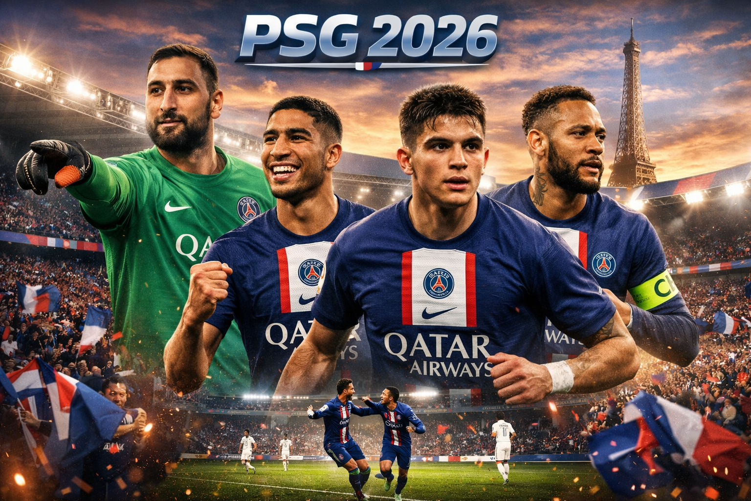 Gambar tim inti Paris Saint Germain 2026 menampilkan Donnarumma sebagai kiper, Hakimi, striker muda berbakat, dan kapten tim di lapangan Parc des Princes, dengan stadion penuh penonton dan bendera Prancis berkibar di latar belakang, menekankan suasana dinamis dan epik