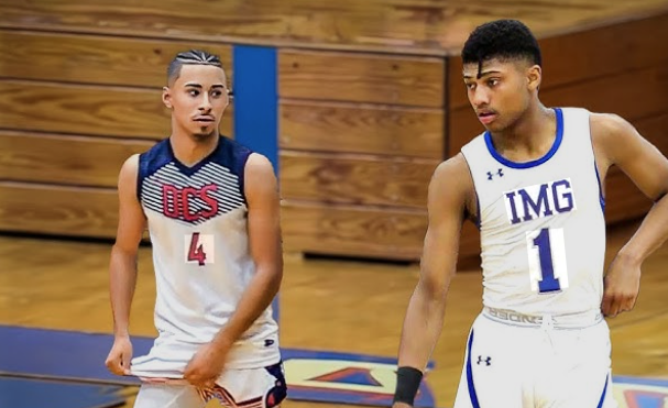 Dua pemain basket muda sedang berada di lapangan indoor. Pemain kiri mengenakan jersey putih dengan aksen biru dan merah bernomor 4, sedangkan pemain kanan mengenakan jersey putih bernomor 1 dengan tulisan 'IMG'. Keduanya tampak fokus sebelum memulai permainan Julian Newman