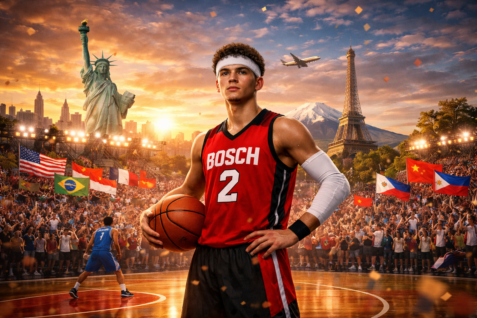 Ilustrasi landscape seorang atlet basket bernama Jaythan Bosch berdiri percaya diri di lapangan basket internasional saat matahari terbenam. Ia mengenakan jersey merah bertuliskan ‘BOSCH’ nomor 2 sambil memegang bola basket. Di belakangnya tampak kerumunan penonton dengan bendera berbagai negara serta landmark dunia seperti Patung Liberty, Menara Eiffel, dan Gunung Fuji, mencerminkan sosok atlet basket global dengan mentalitas juara.