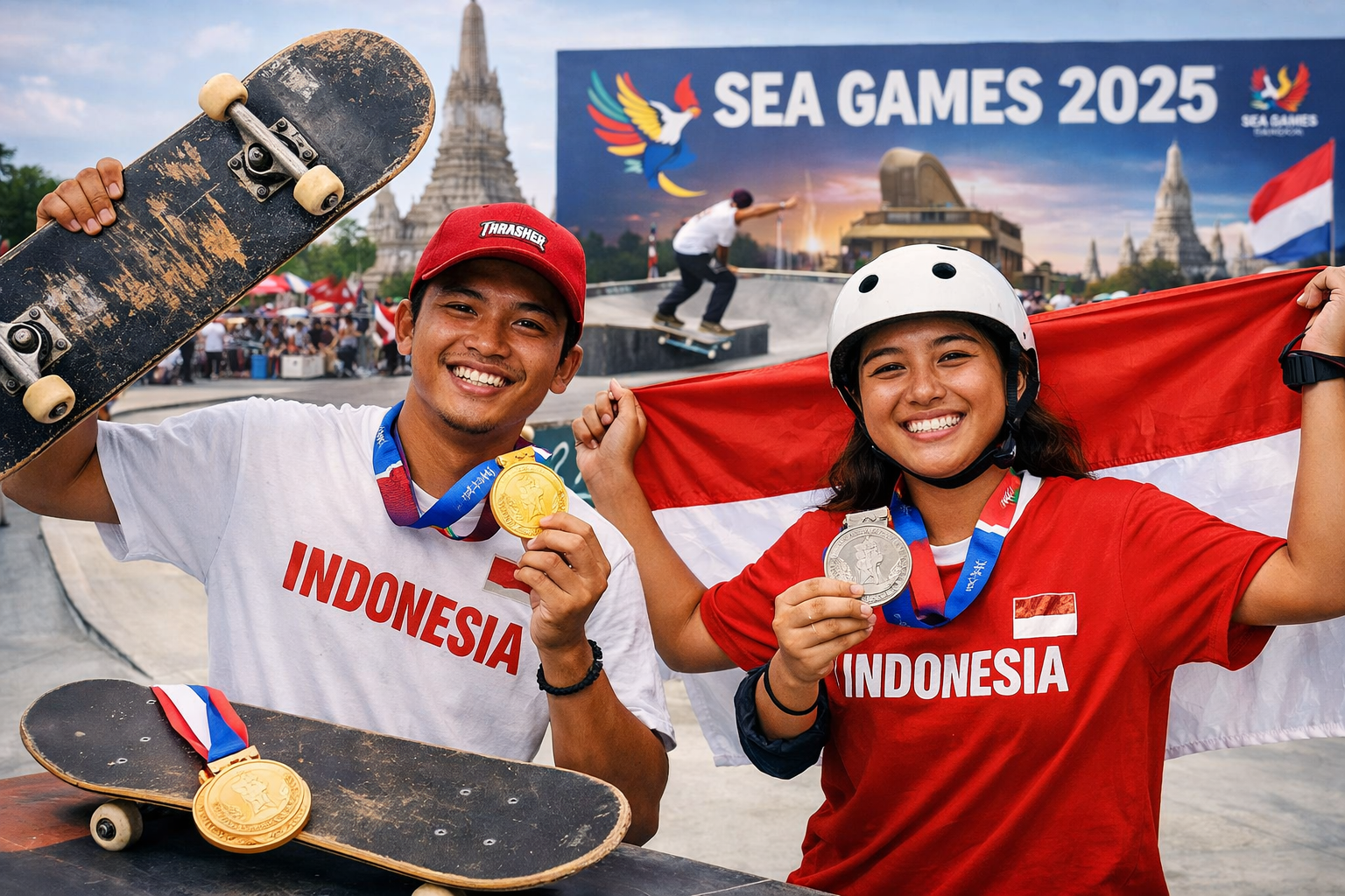 Dua atlet skateboarding Indonesia merayakan kemenangan di SEA Games 2025 dengan menunjukkan medali emas dan perak sambil membawa skateboard dan bendera Merah Putih di arena skate park.