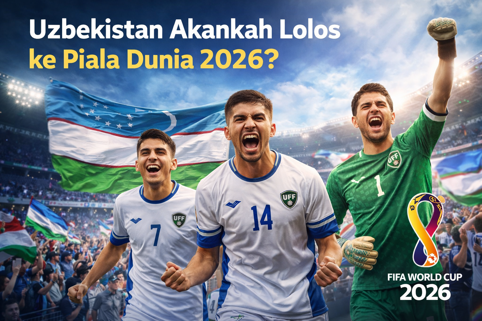 Pemain tim nasional Uzbekistan merayakan kemenangan di stadion penuh suporter dengan bendera nasional, menggambarkan harapan lolos ke Piala Dunia 2026.