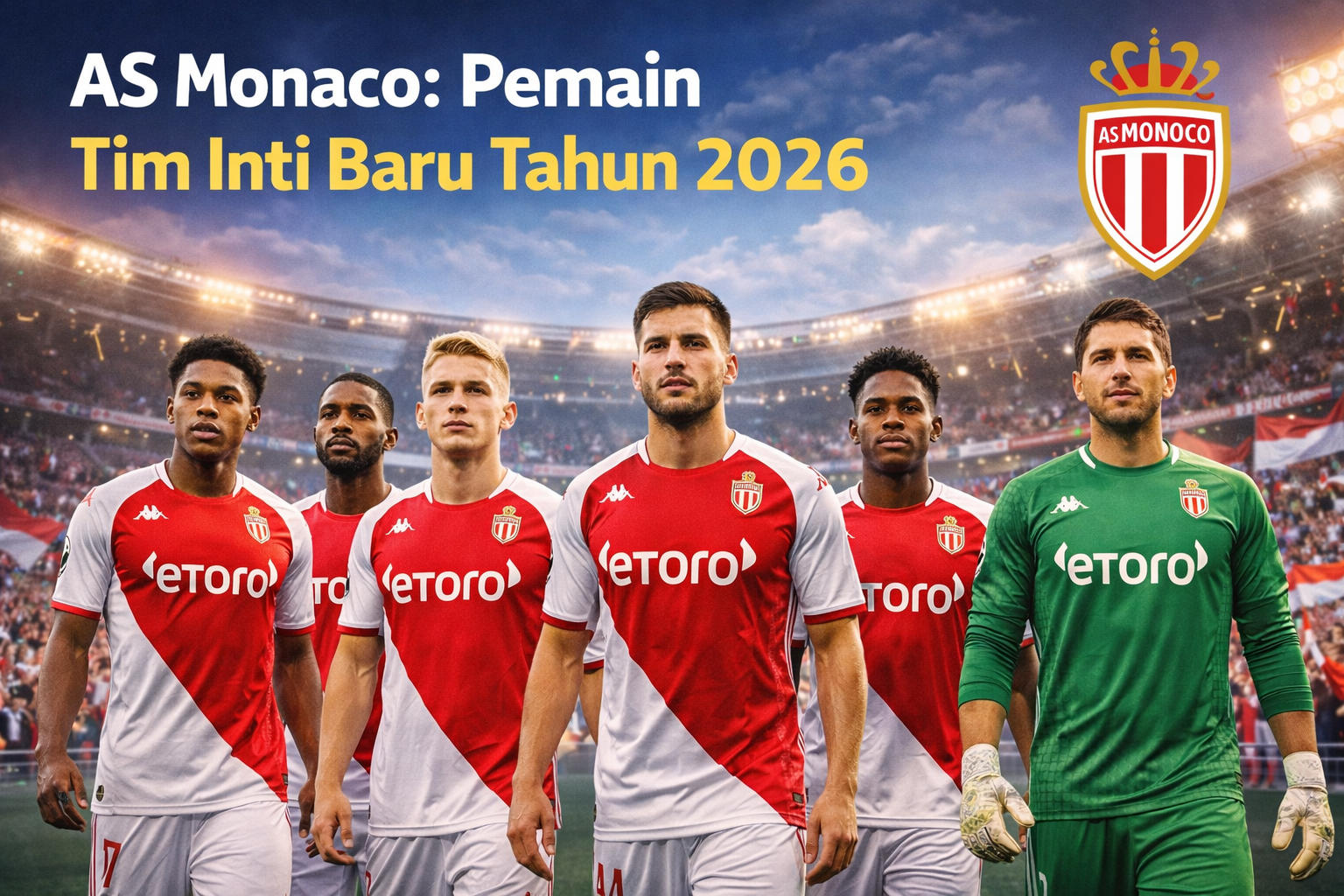 Pemain inti baru AS Monaco berpose di stadion dengan jersey putih dan biru, siap beraksi di musim 2026 dengan semangat tinggi dan kepercayaan diri.