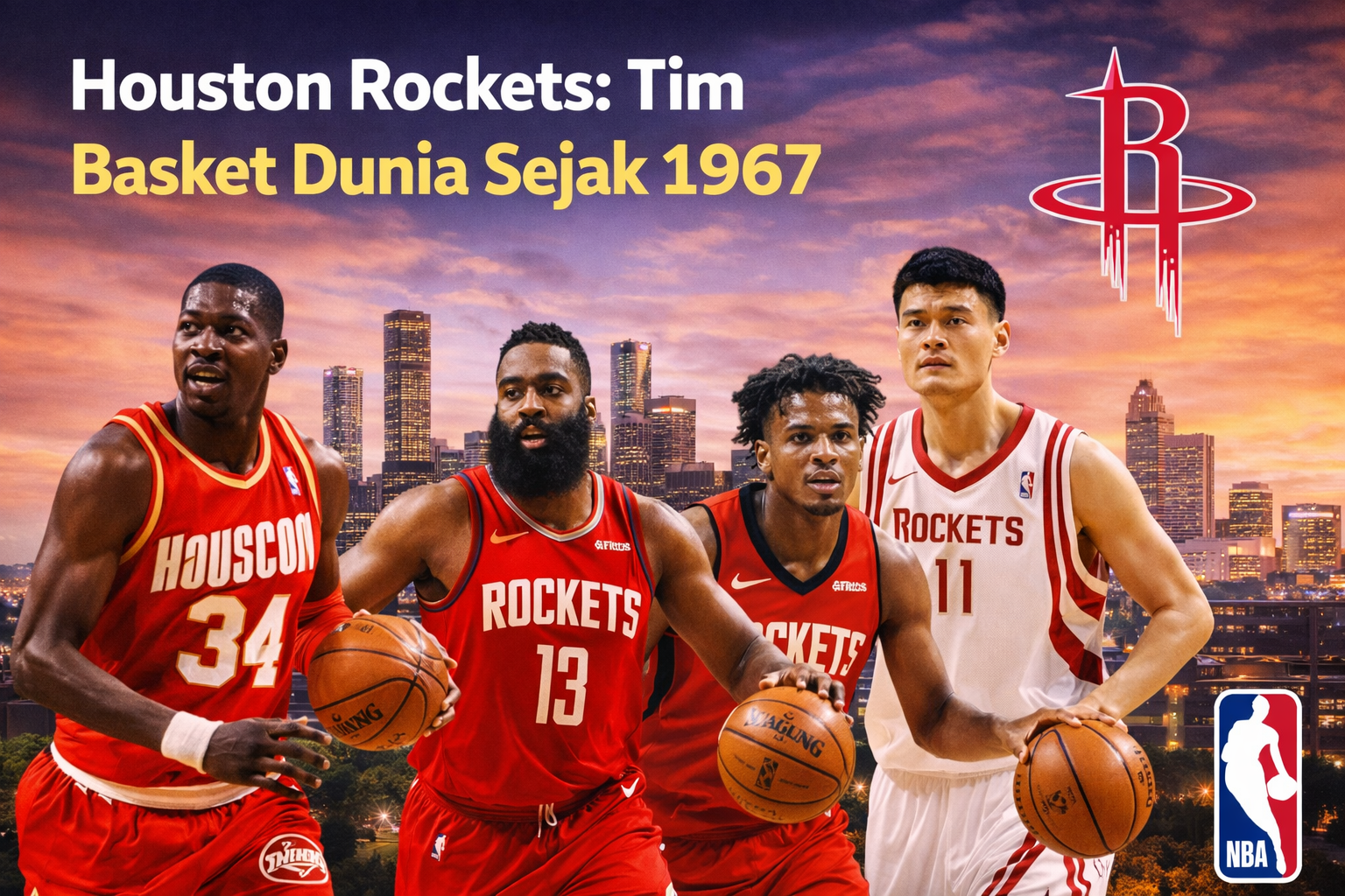 Gambar lanskap kota Houston saat matahari terbenam dengan empat pemain legendaris Houston Rockets dari berbagai era, yaitu Hakeem Olajuwon, James Harden, Jalen Green, dan Yao Ming, berpose mengenakan jersey resmi tim di depan logo Rockets dan simbol NBA.